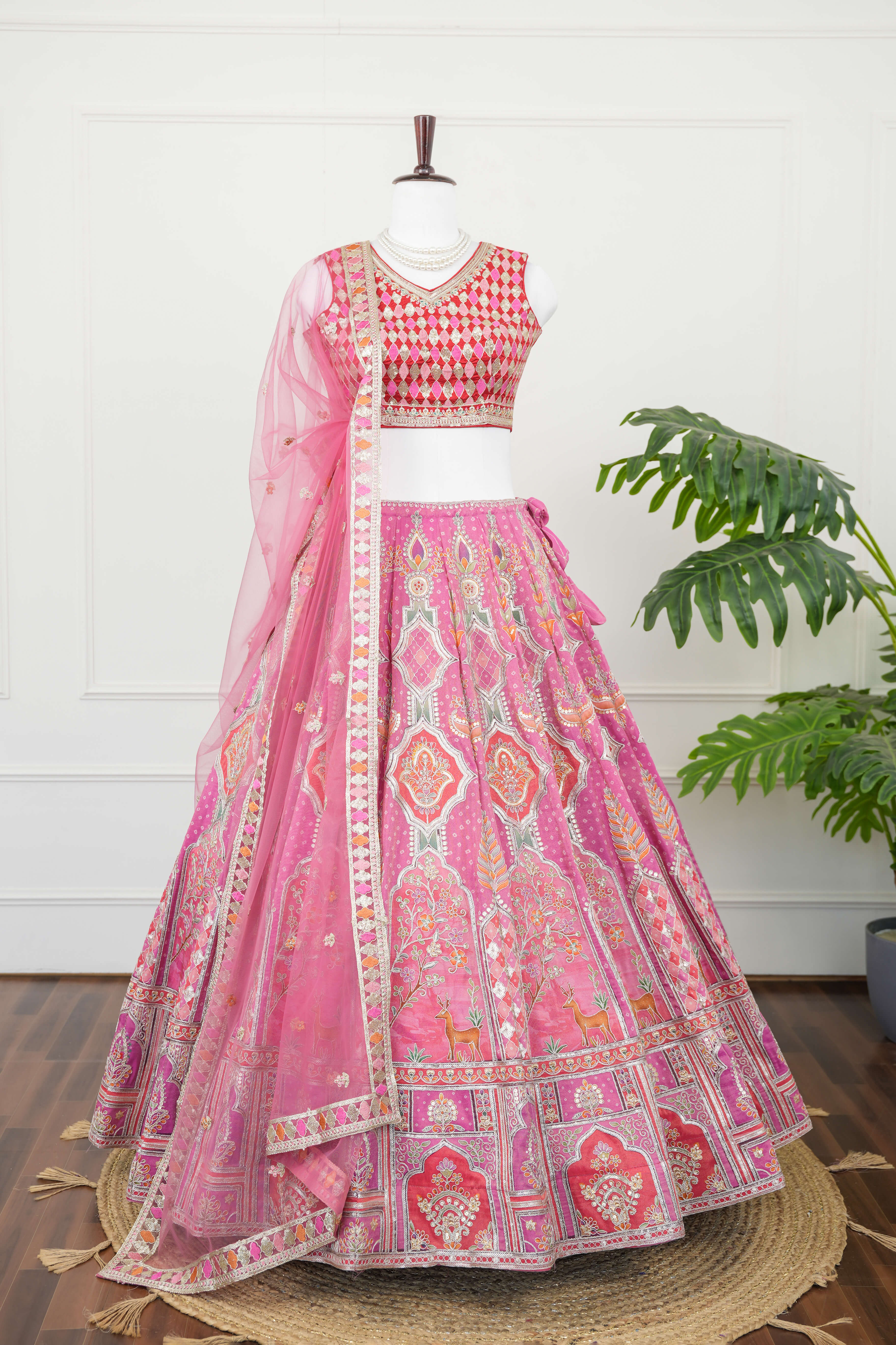Vibrant Rajasthani Motif Pink Lehenga