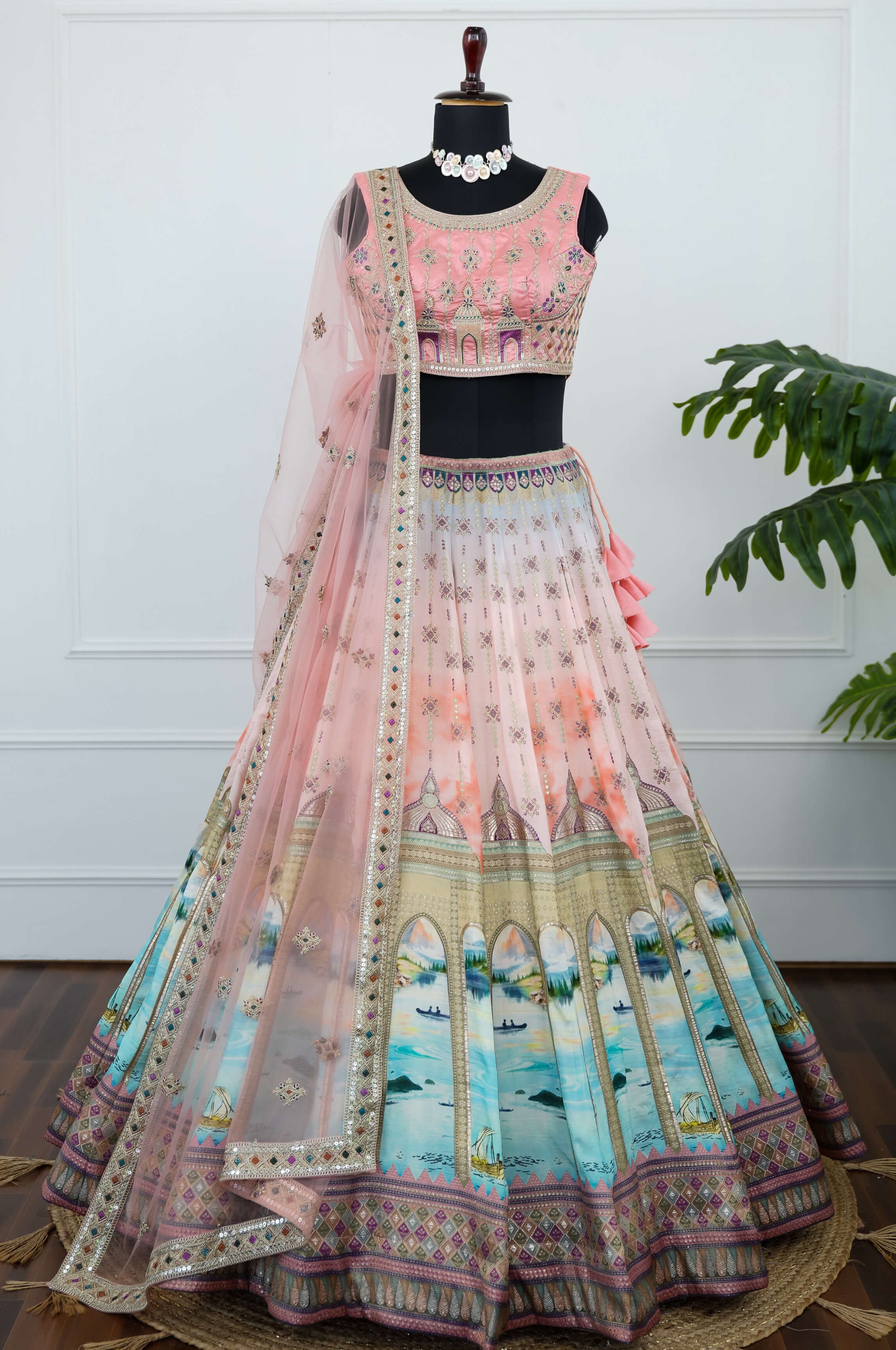 Pastel Pink Architectural Print Lehenga