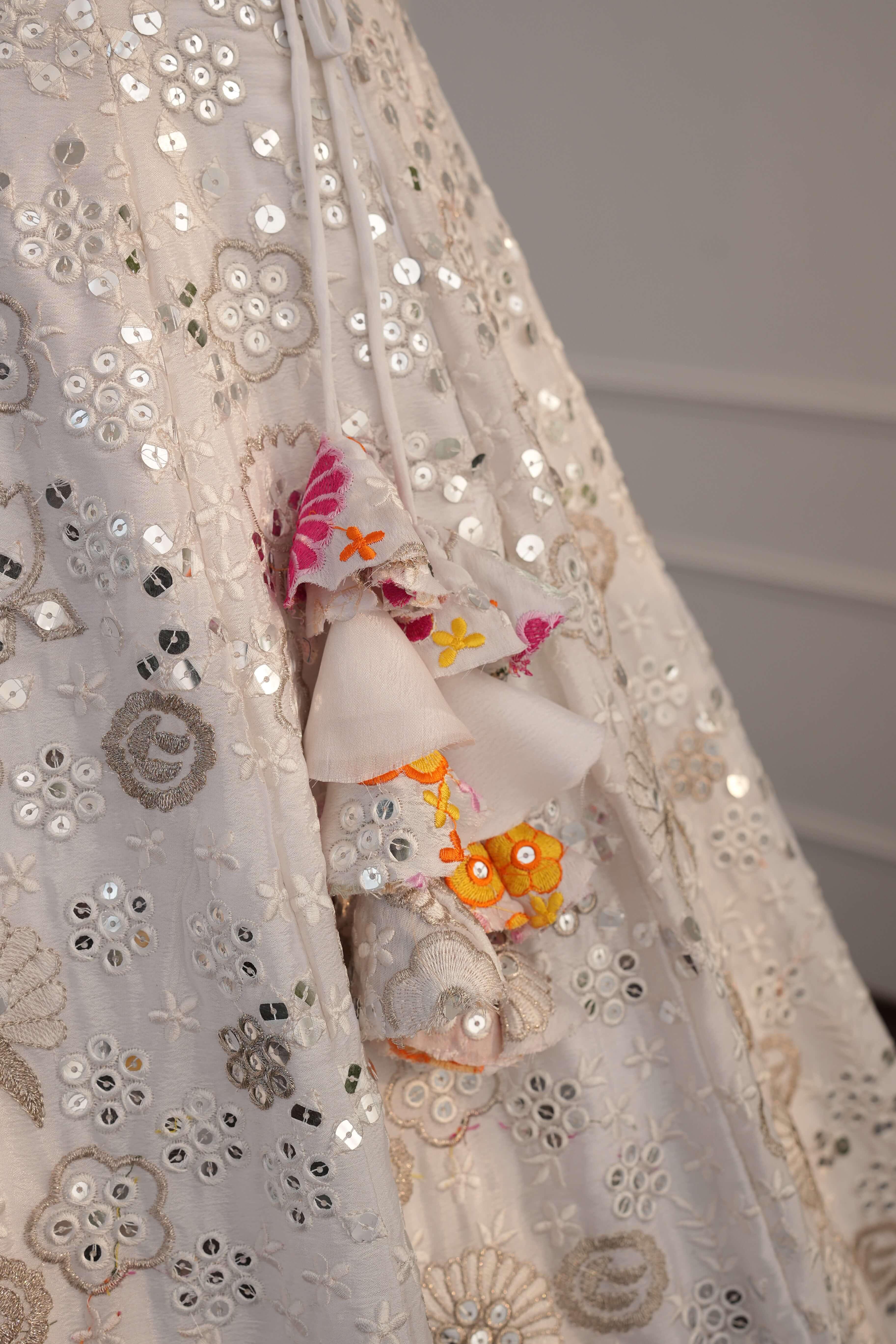 White & Pink Floral Mirror Work Lehenga Set