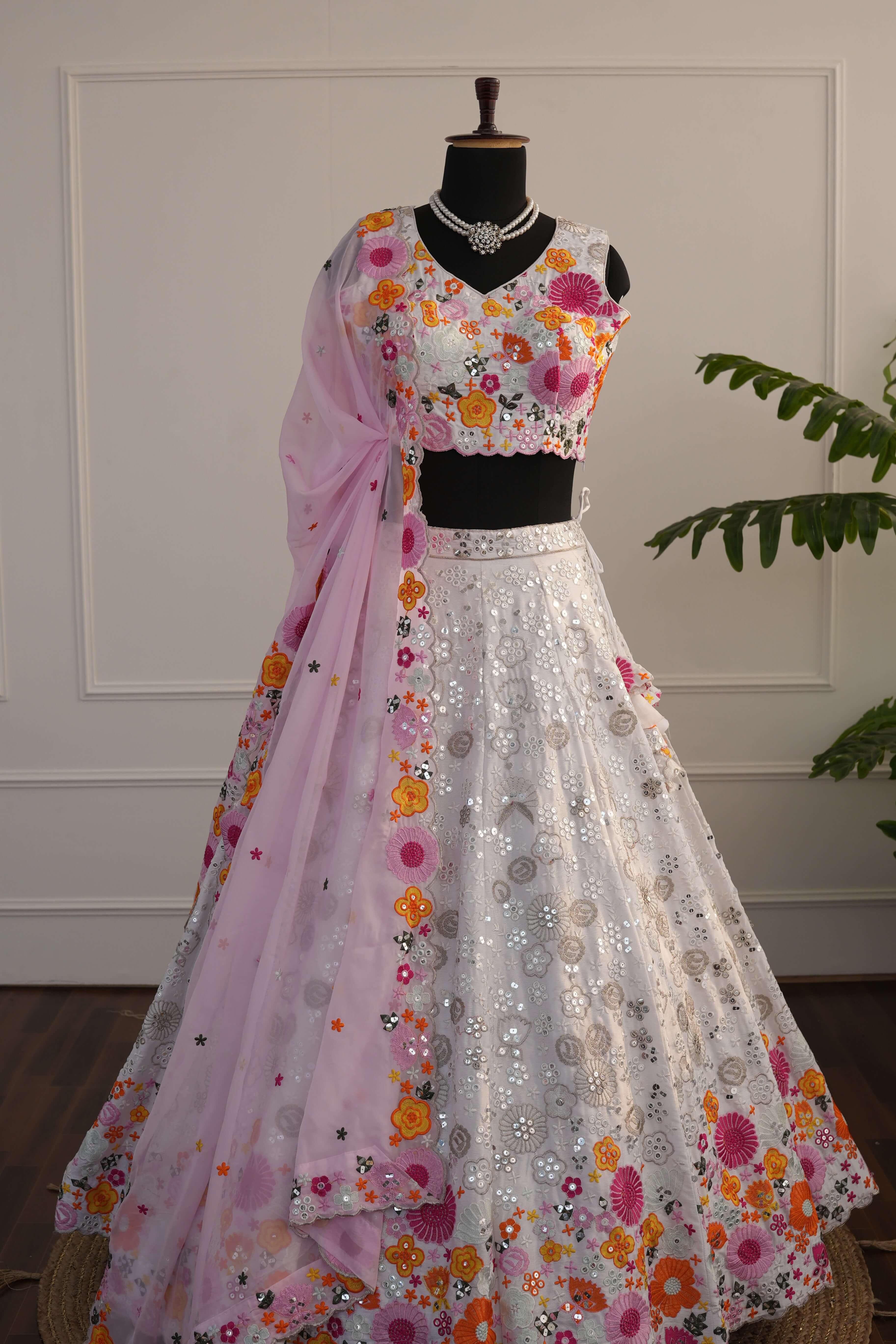 White & Pink Floral Mirror Work Lehenga Set
