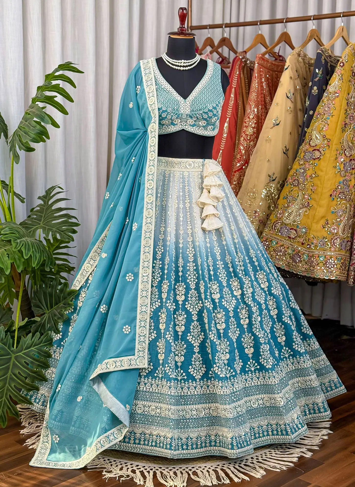 Teal Blue Embroidered Lehenga Choli with Dupatta