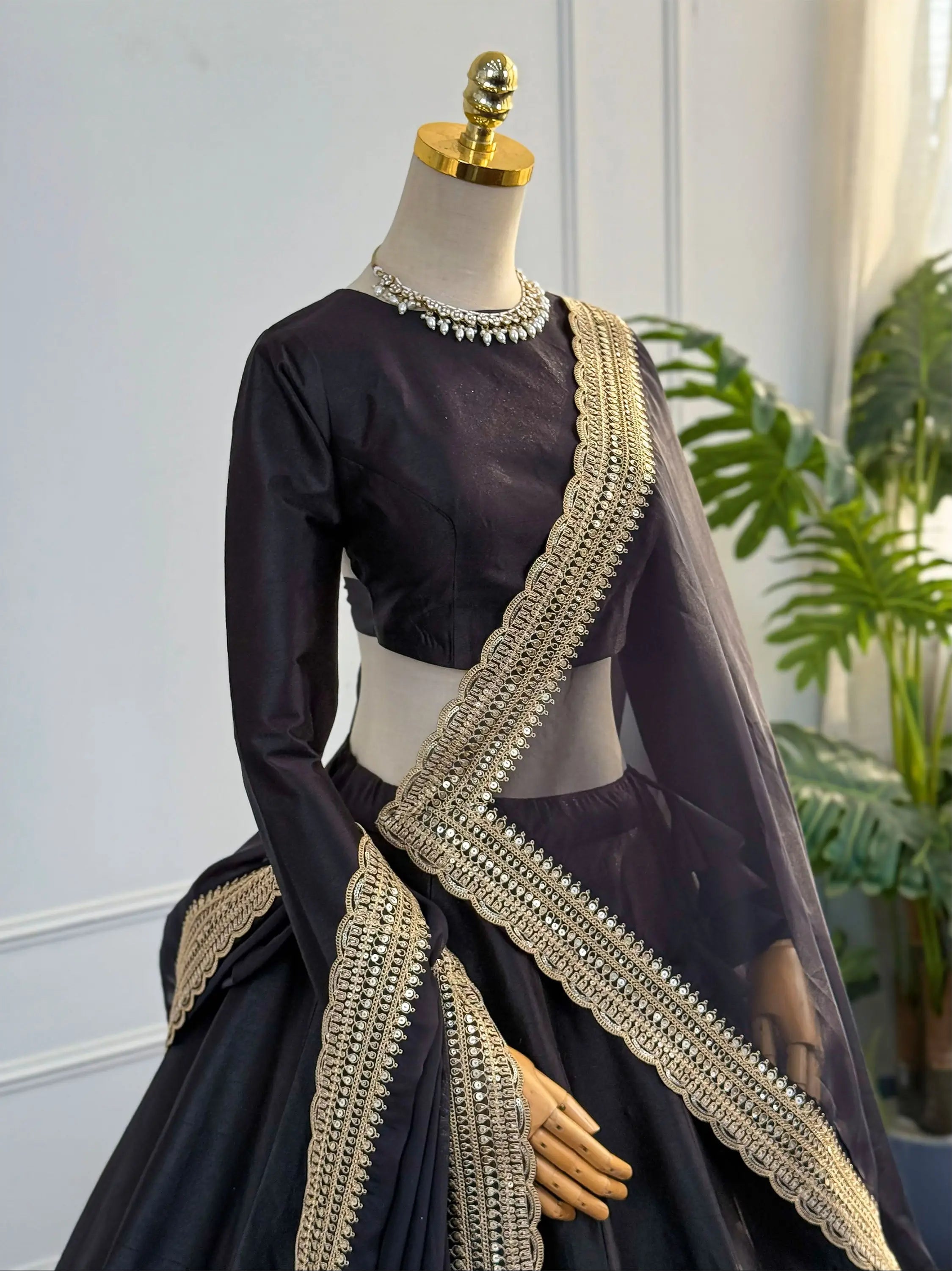 Tropical Elegance Black Silk Lehenga Set with Dori & Zari Work Left View