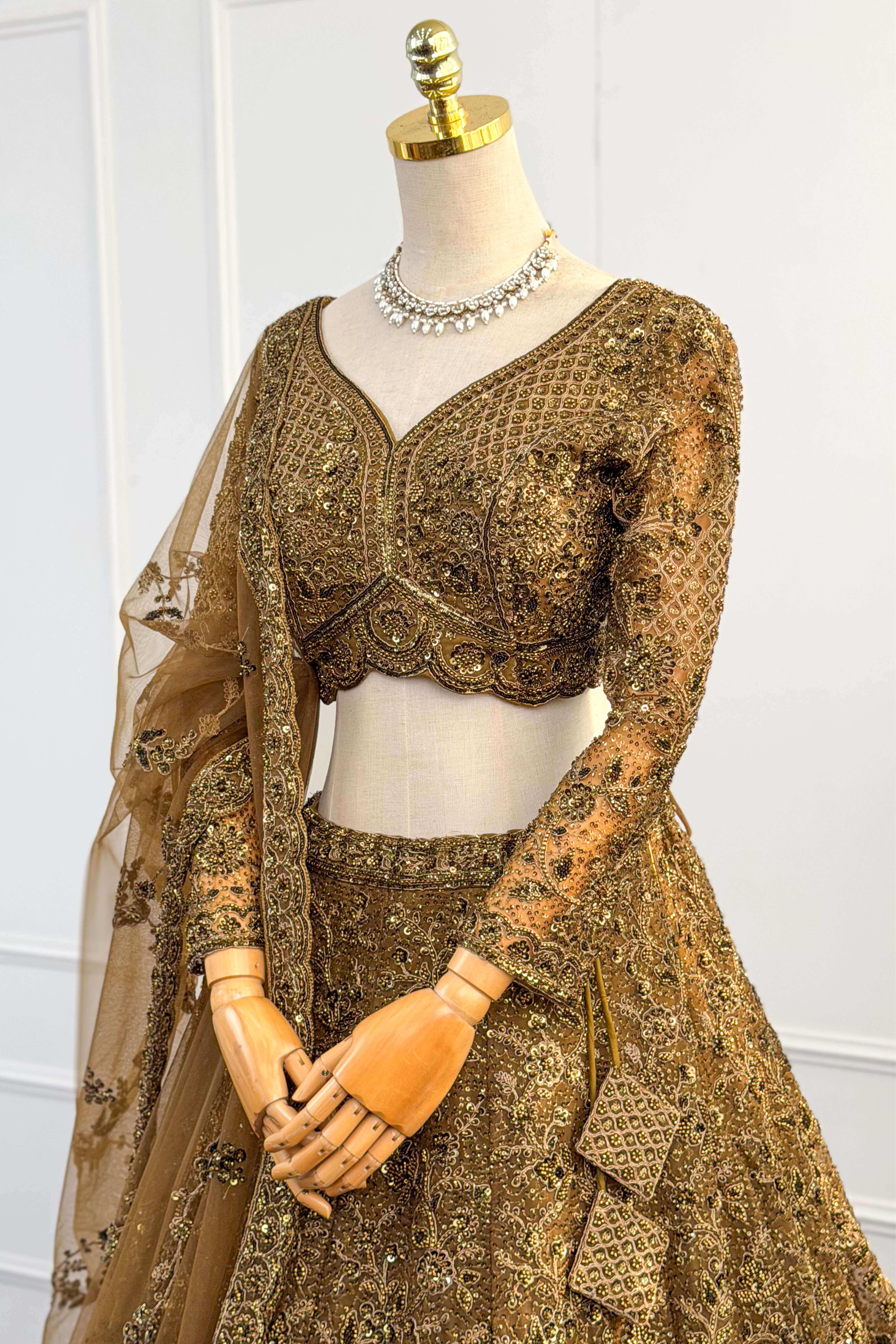 Antique gold net lehenga beads and dori embroidery close-up detail - Kayara Label