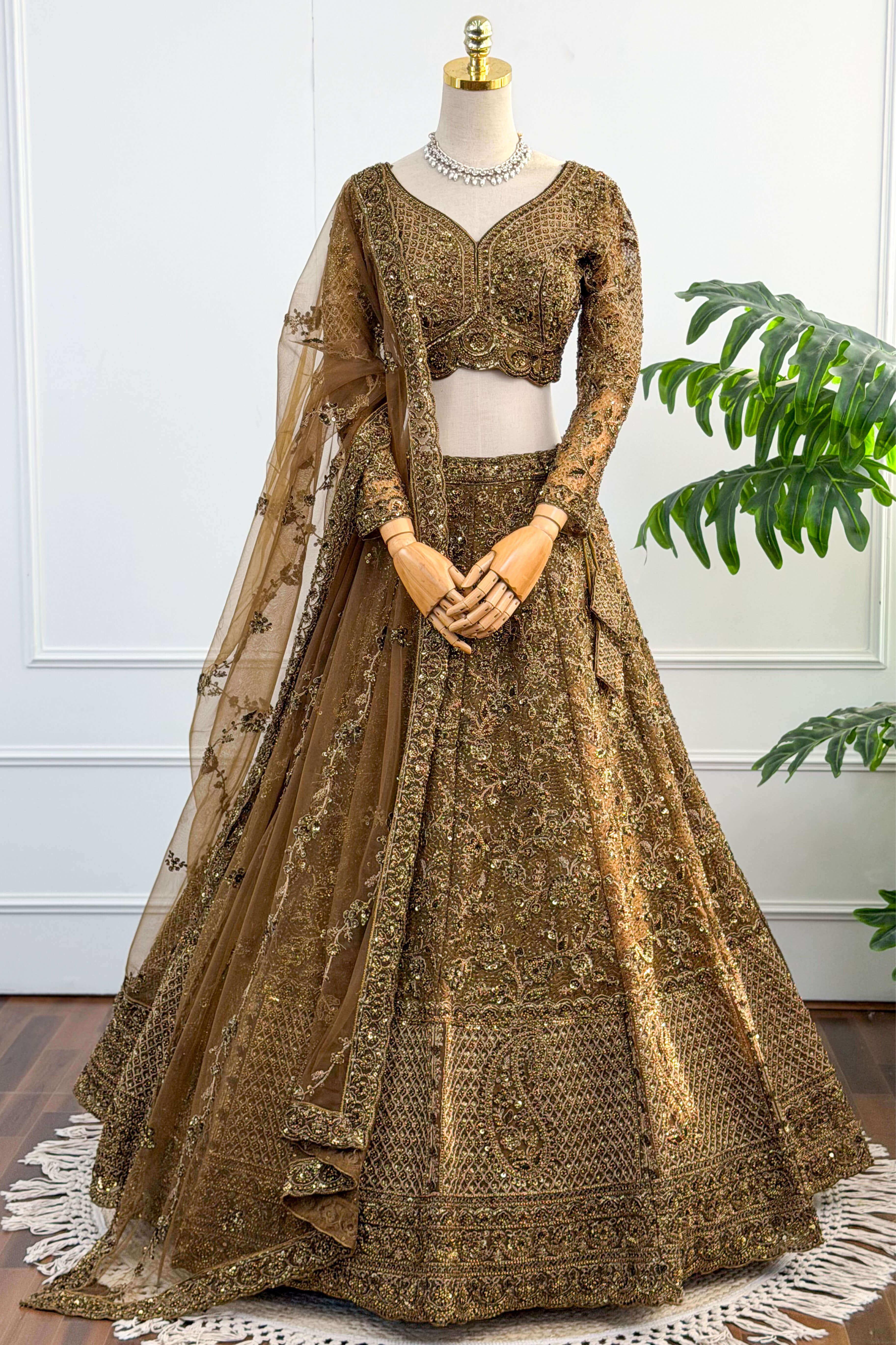 Antique gold butterfly net lehenga set with embroidery and dori work front view - Kayara Label
