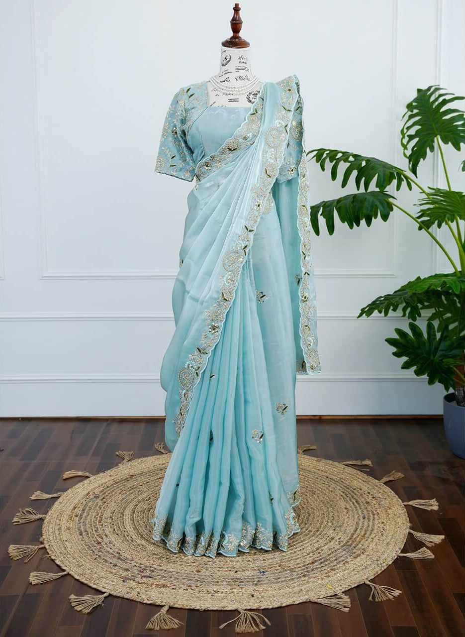 Elegant Sky Blue Embroidered Saree