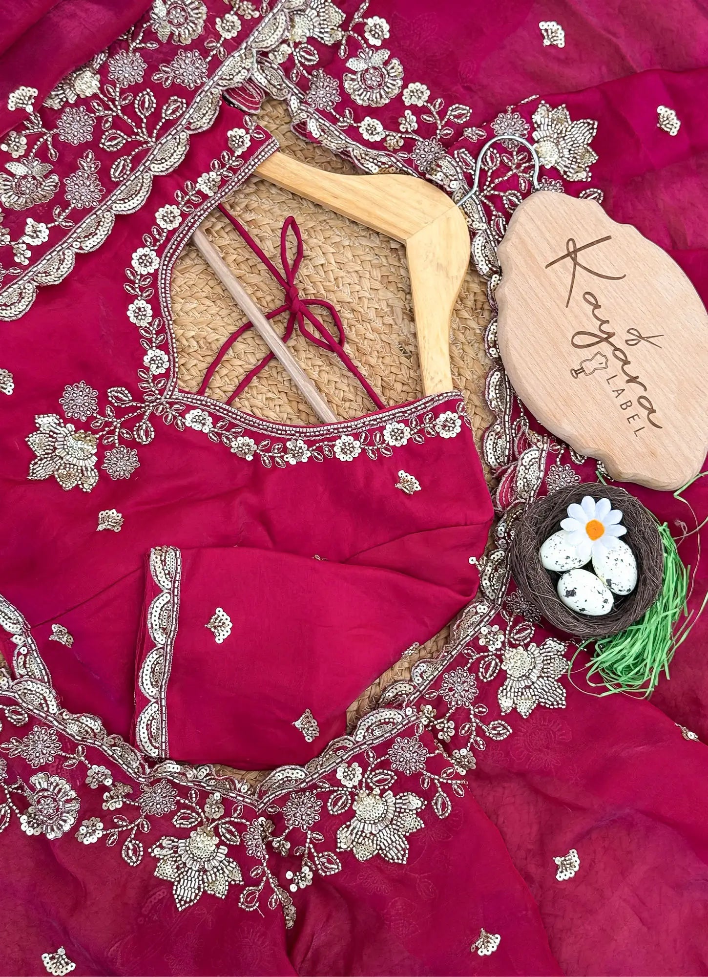 Rani Pink Embroidered Fenday Silk Saree with Zari & Beads Work - Kayara Label