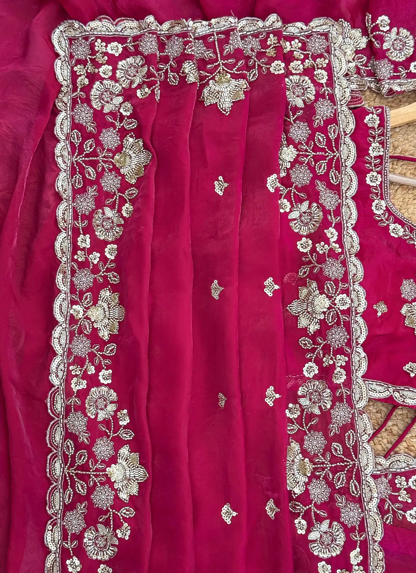 Rani Pink Embroidered Fenday Silk Saree with Zari & Beads Work - Kayara Label
