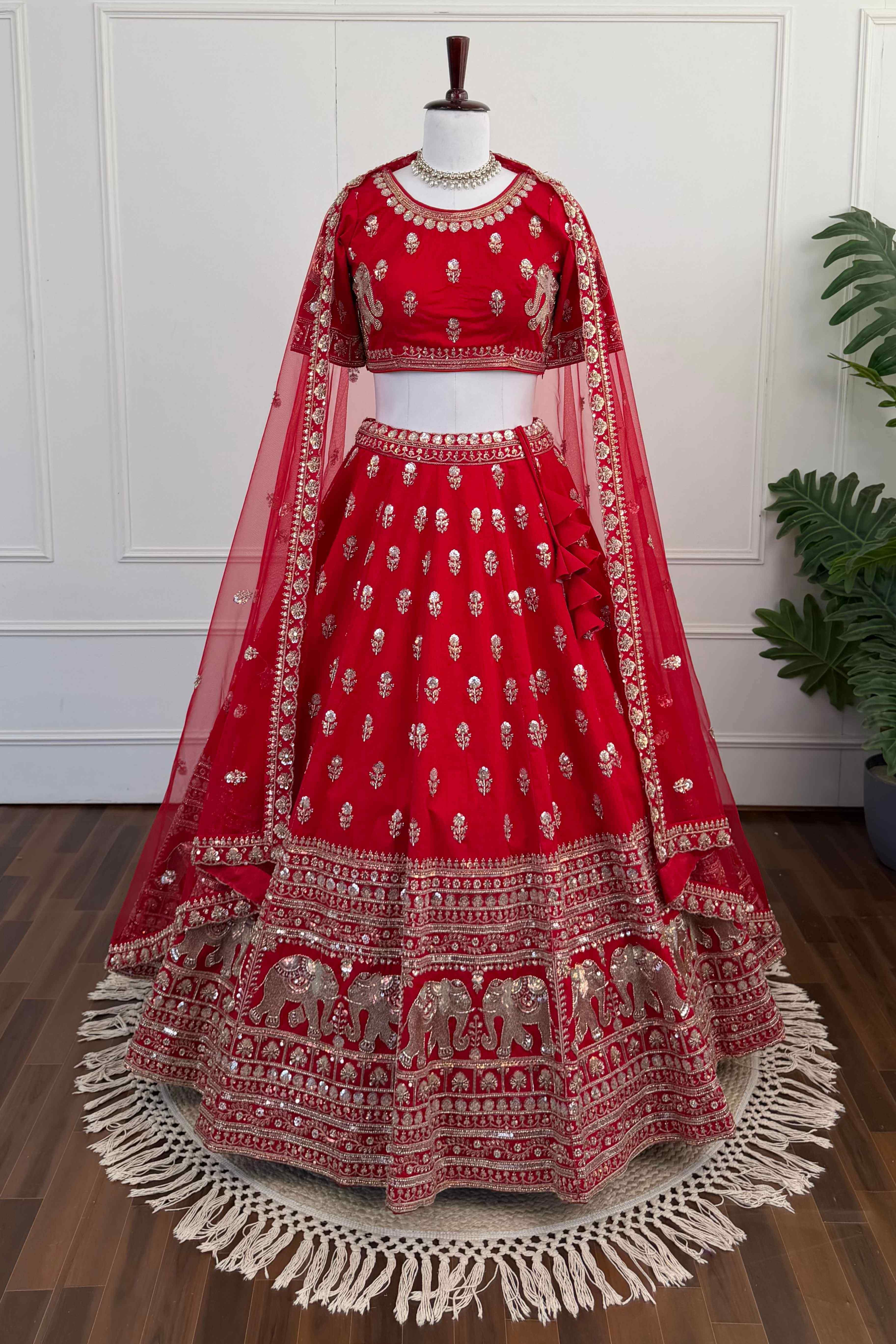Royal Red Silk Lehenga with Zari & Beads Embroidery