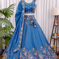 Side view of sky blue floral embroidered lehenga choli with elegant dupatta