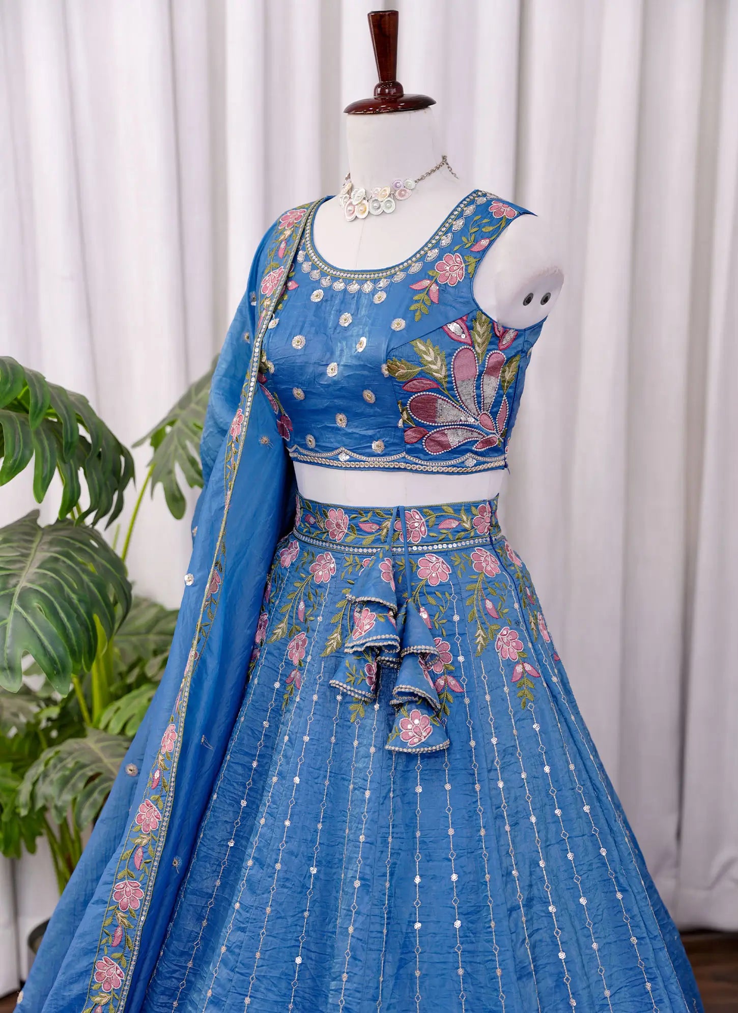 Sky blue floral embroidered lehenga choli with matching dupatta – right view