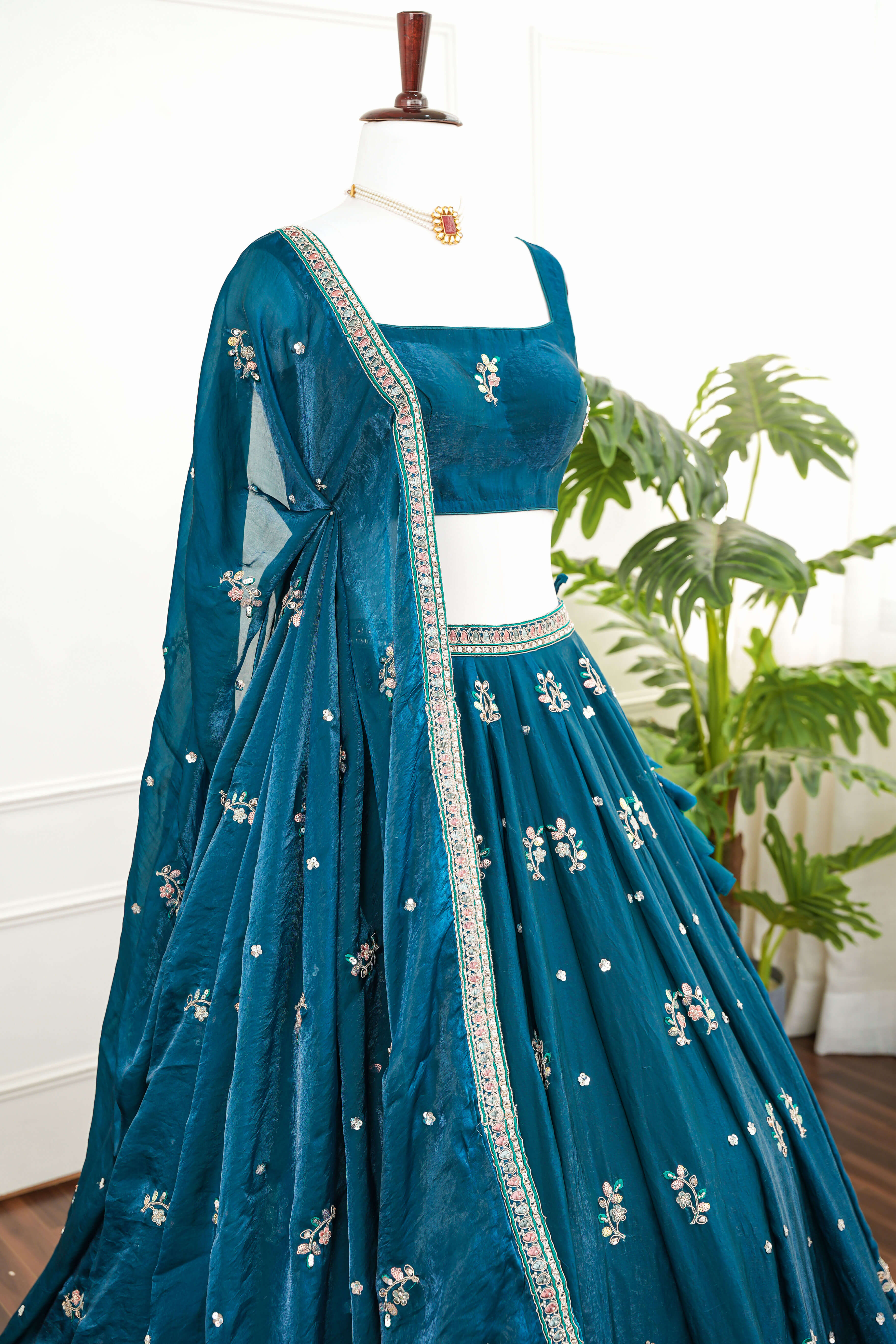 Teal Blue Lehenga with Delicate Floral Threadwork