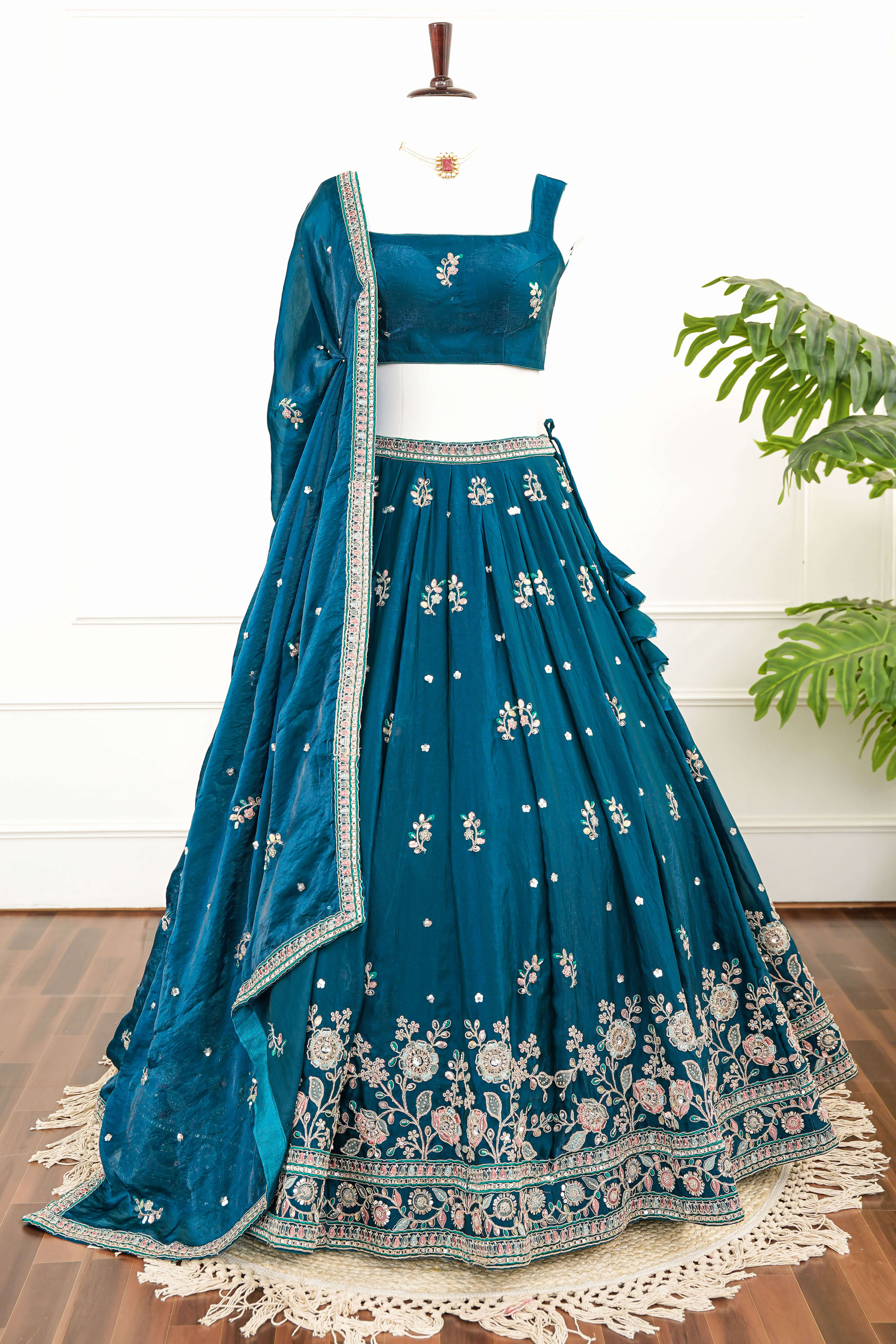 Teal Blue Lehenga with Delicate Floral Threadwork