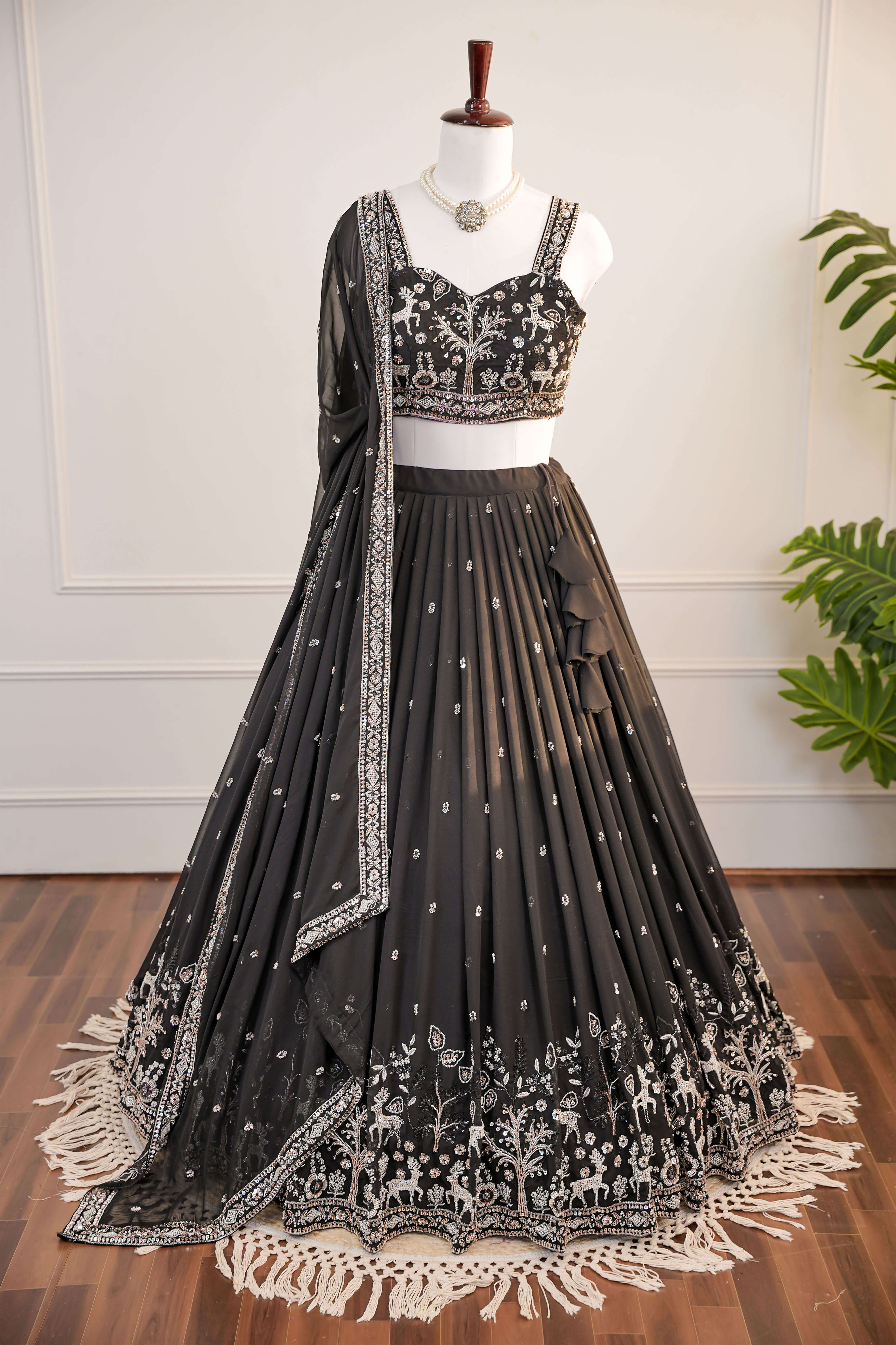 Elegant Black Lehenga with Intricate Zari & Beads Embroidery