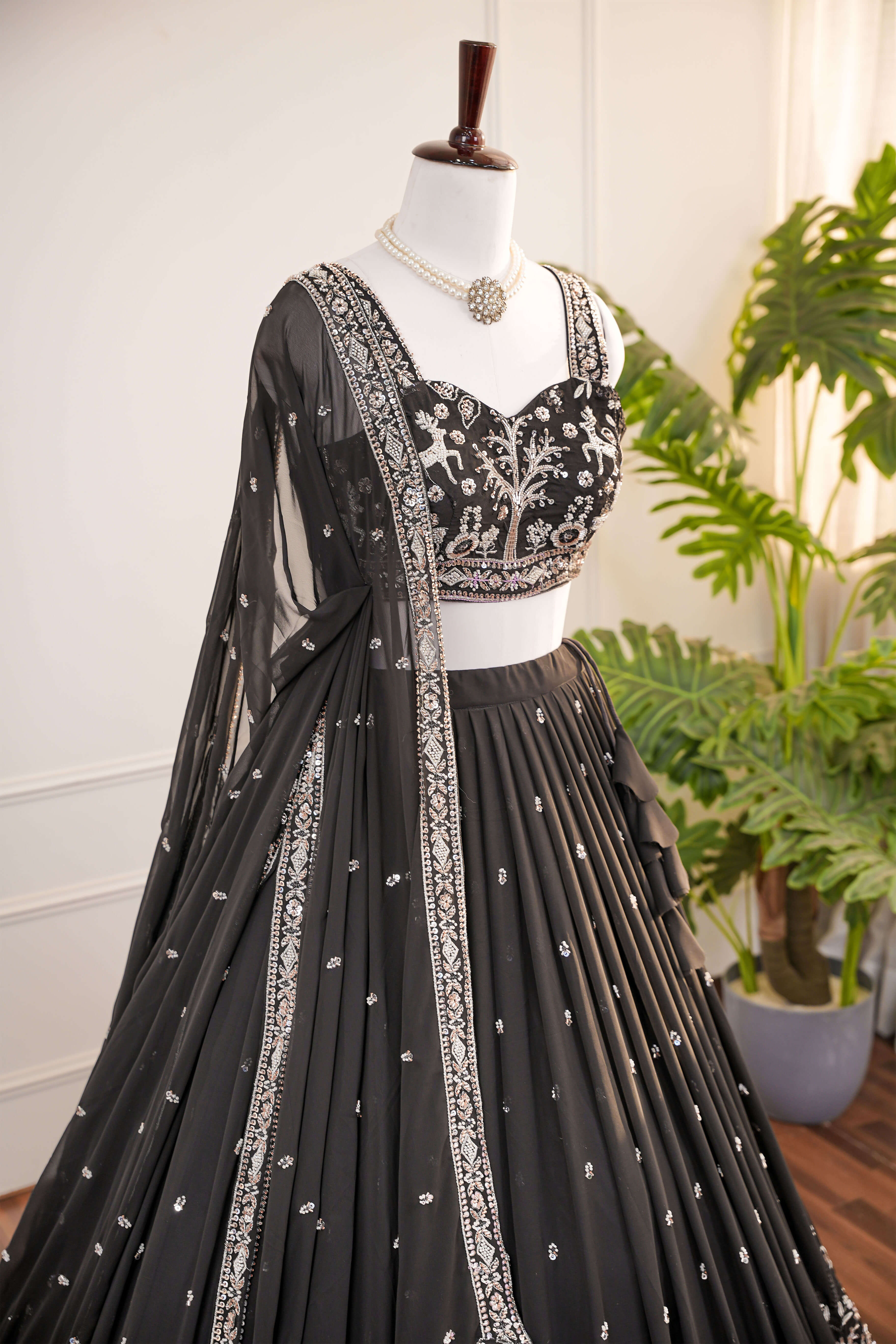 Elegant Black Lehenga with Intricate Zari & Beads Embroidery