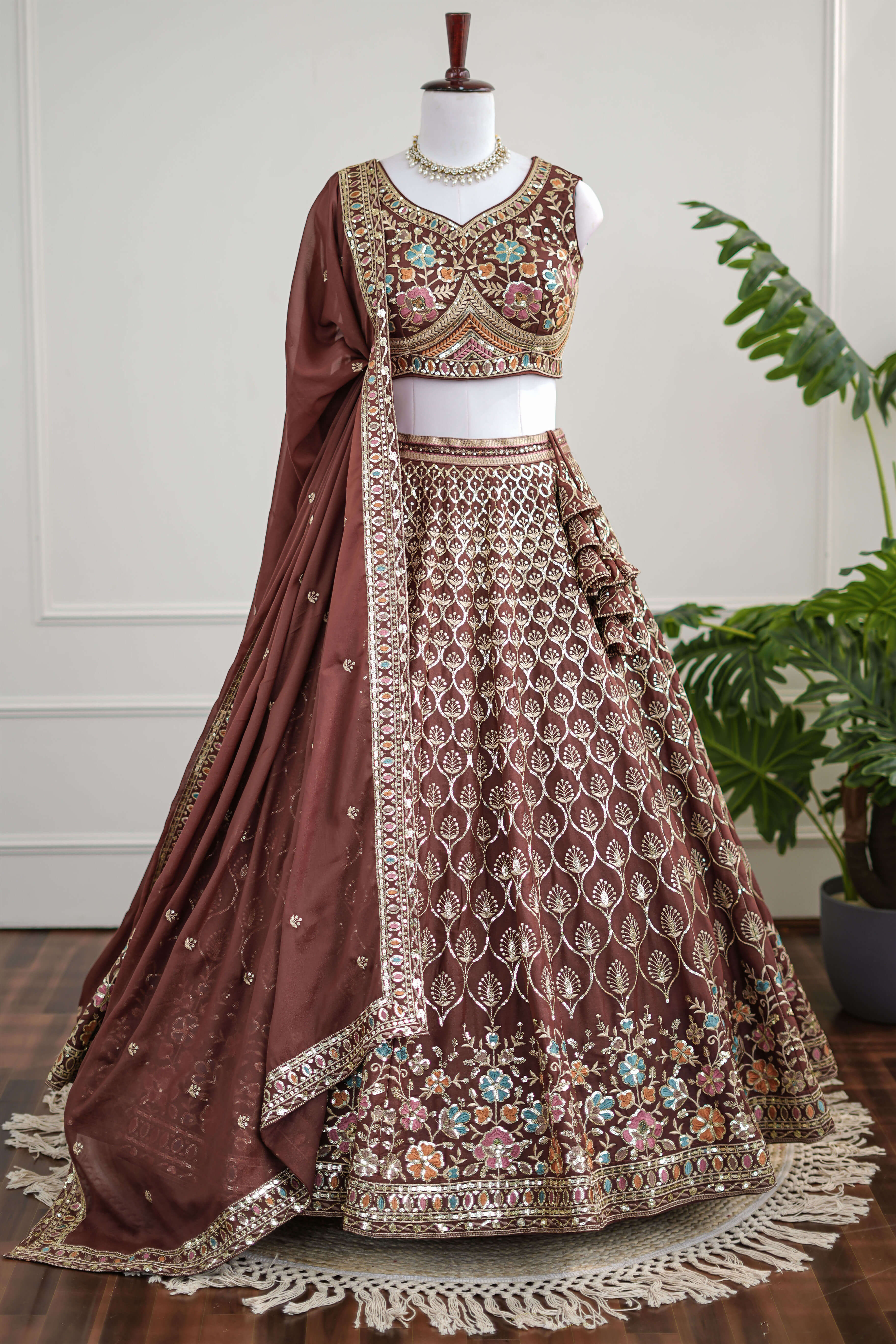 Chocolate Brown Embroidered Bridal Lehenga Set