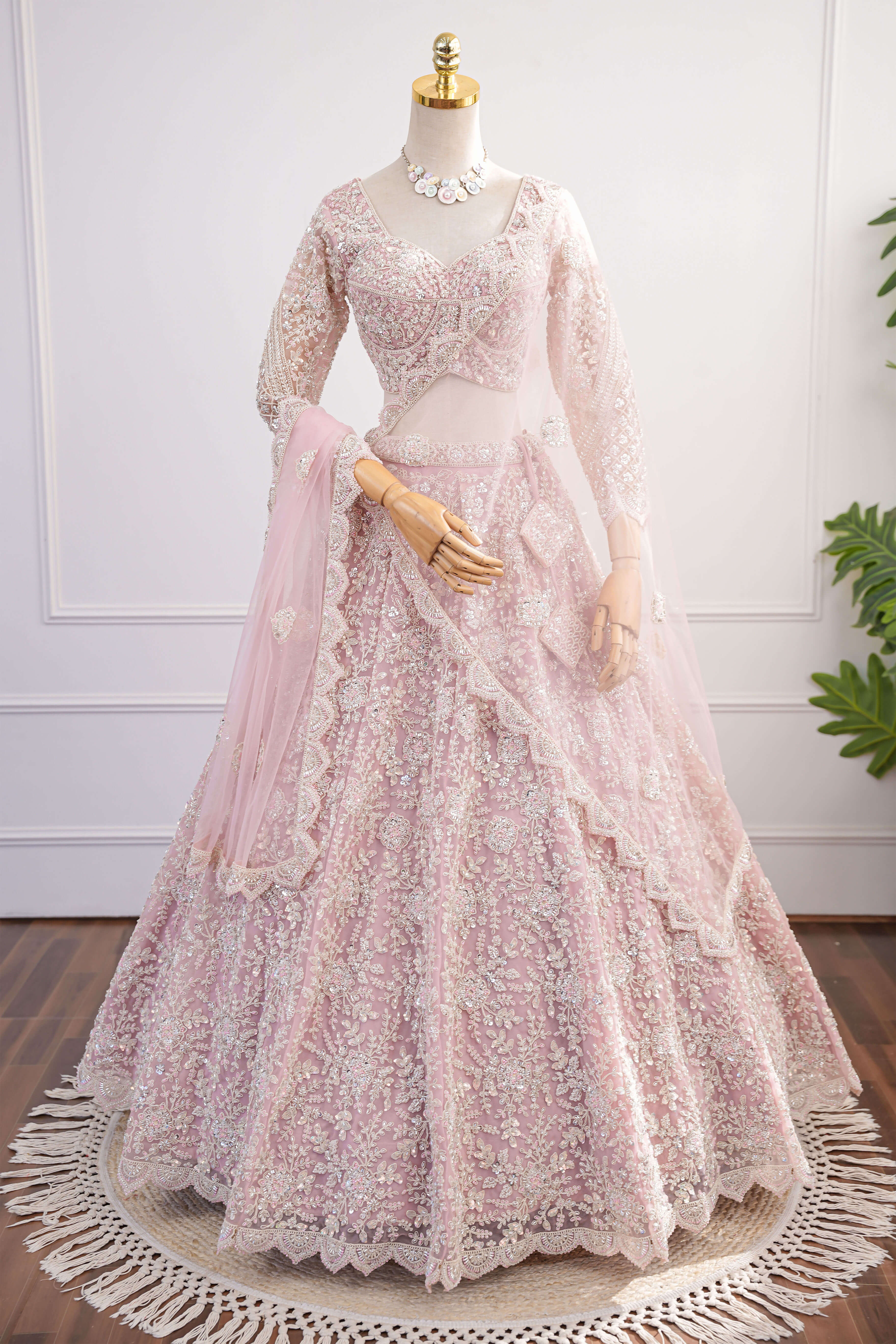 Blush Pink Net Lehenga with All-Over Elegant Embroidery