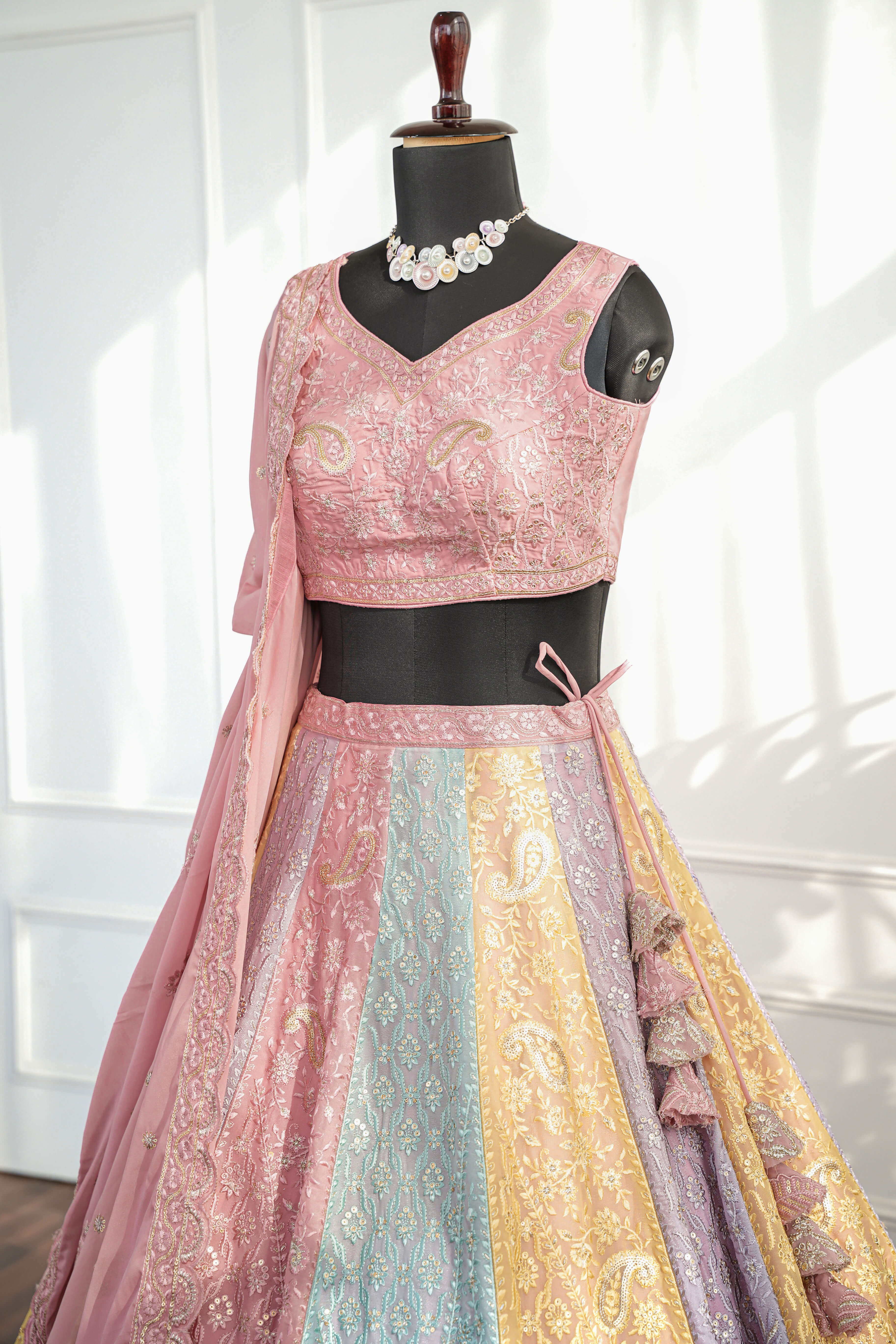 Pastel Panelled Multicolor Embroidered Lehenga