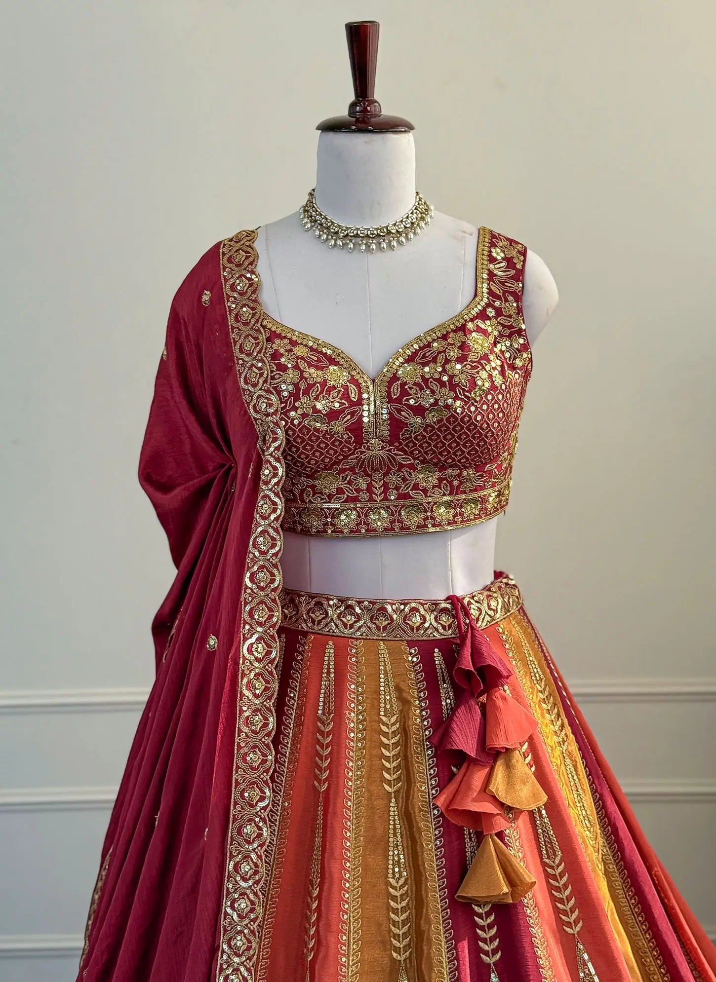 Orange & yellow Embroidered Lehenga Set with Zari Work