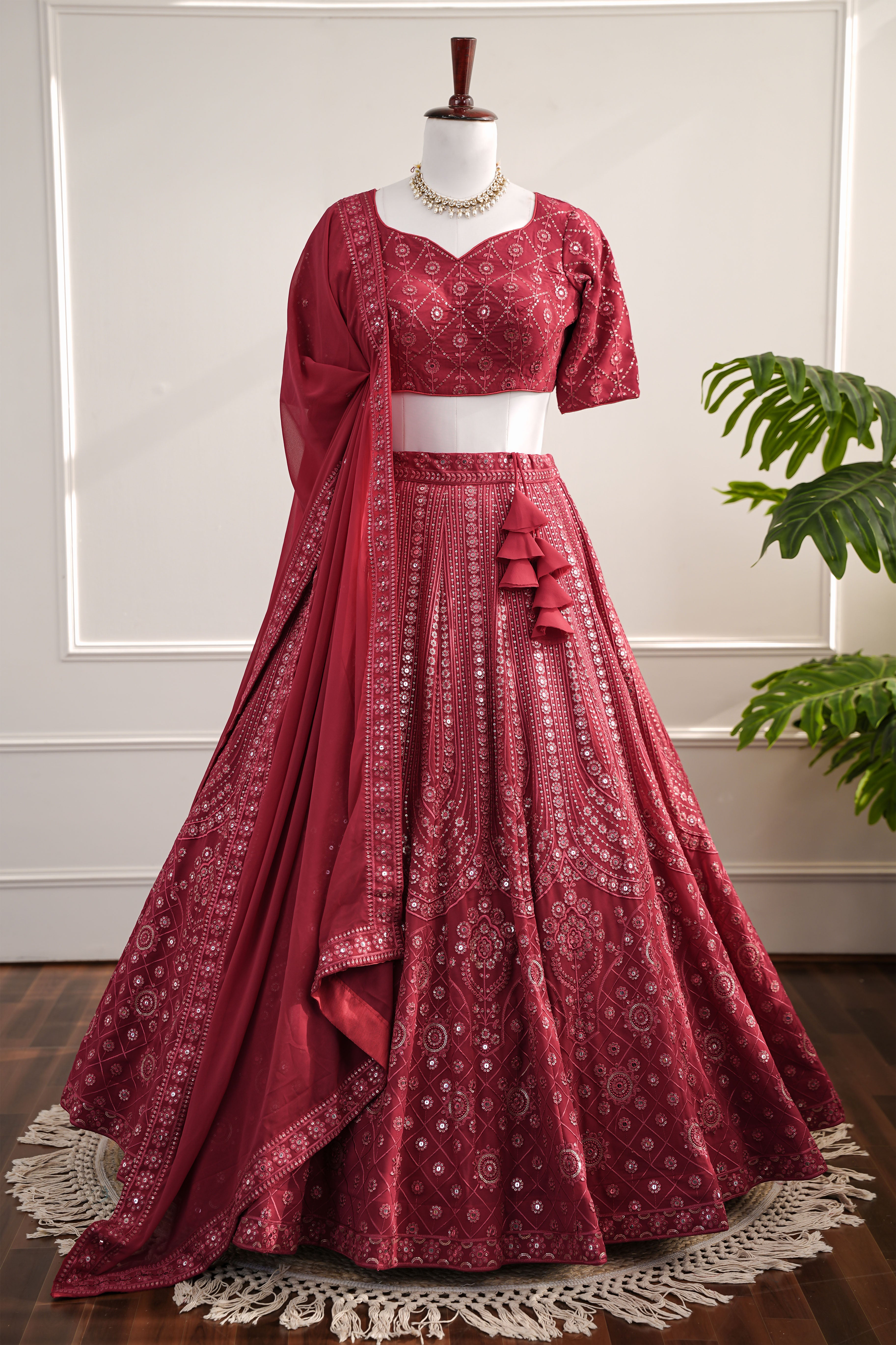 Radiant Maroon Georgette Lehenga with Tonal Embroidery & Tassels