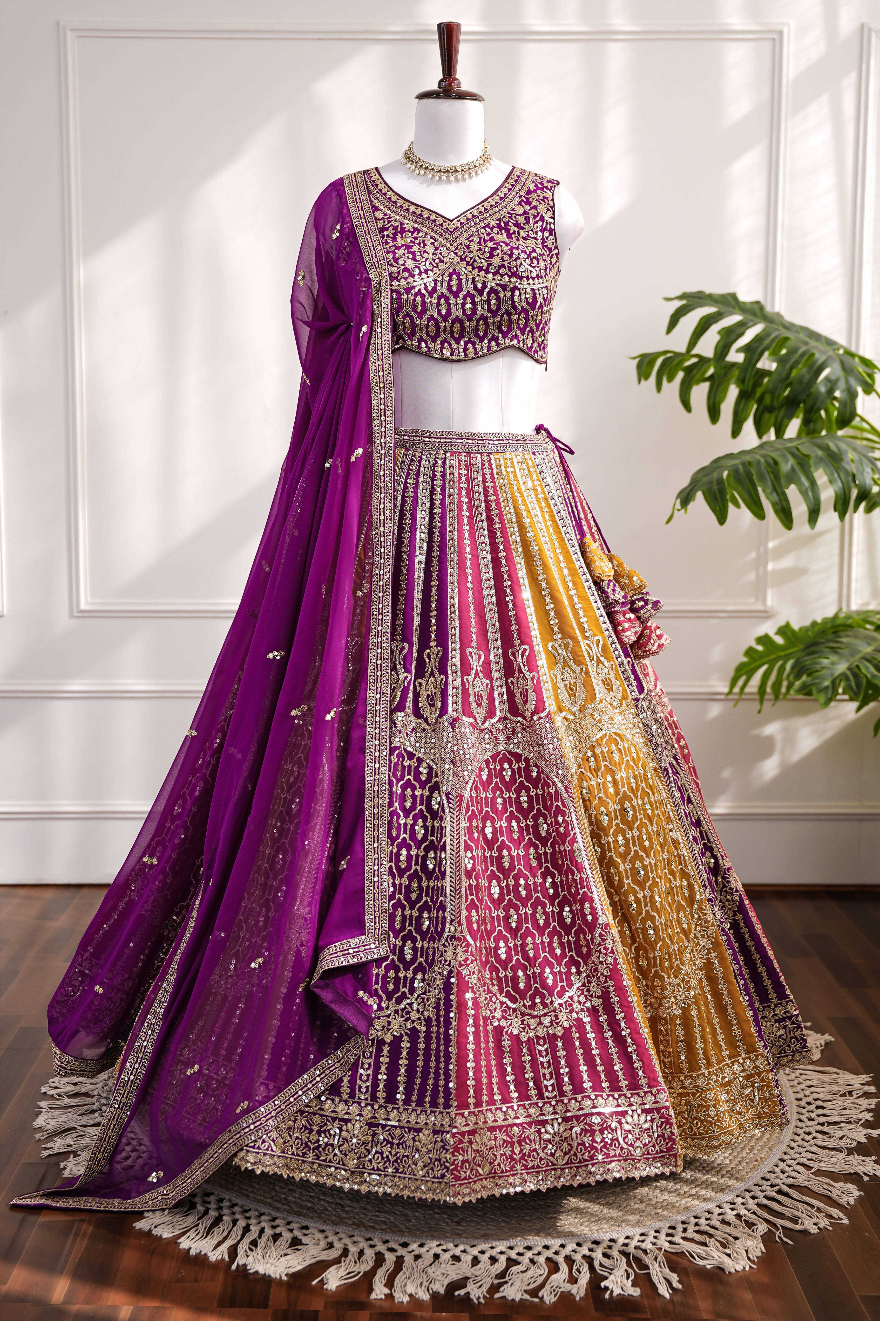 Purple & Yellow Dual-Tone Embroidered Lehenga