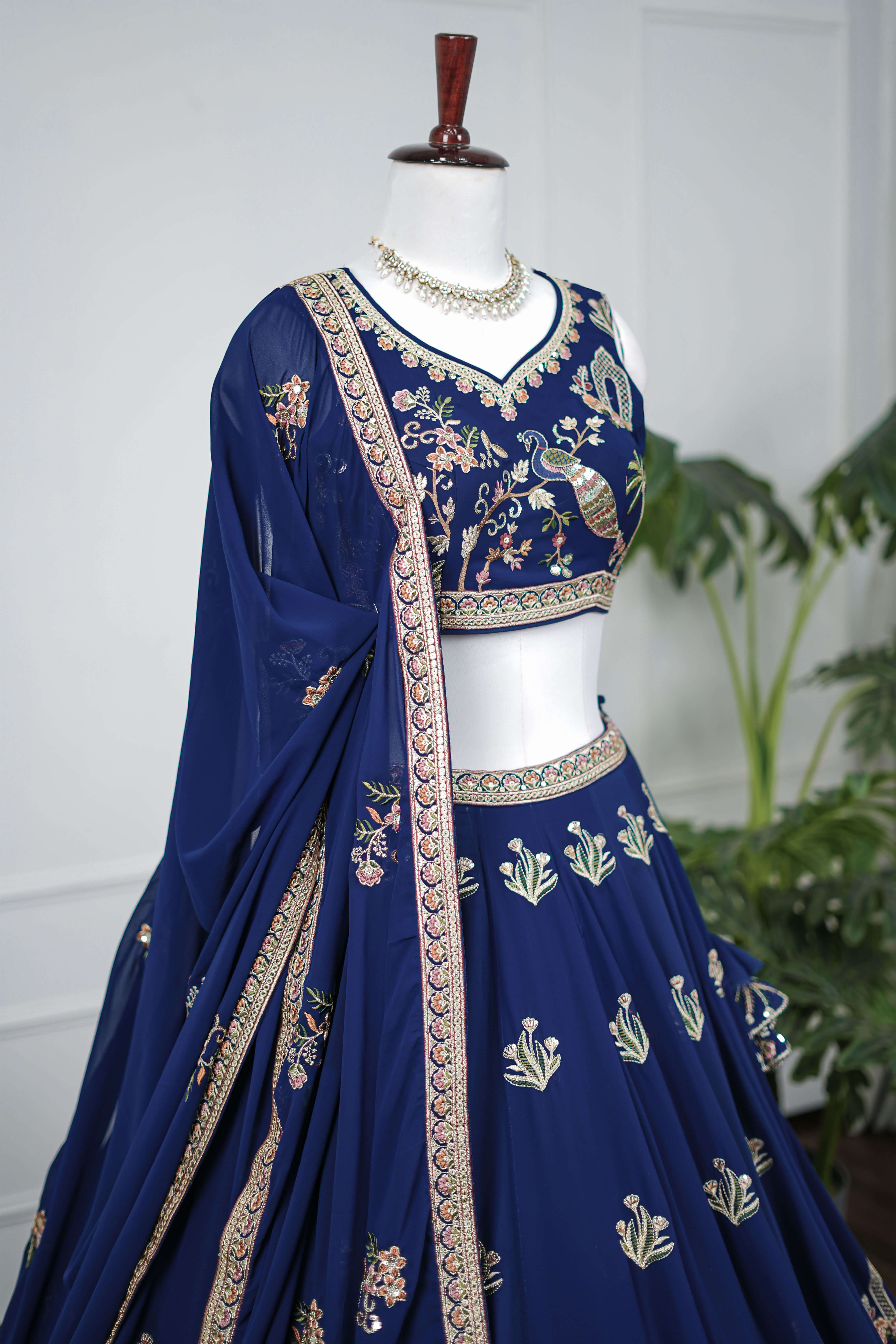 Royal Blue Embroidered Peacock Motif Lehenga Set
