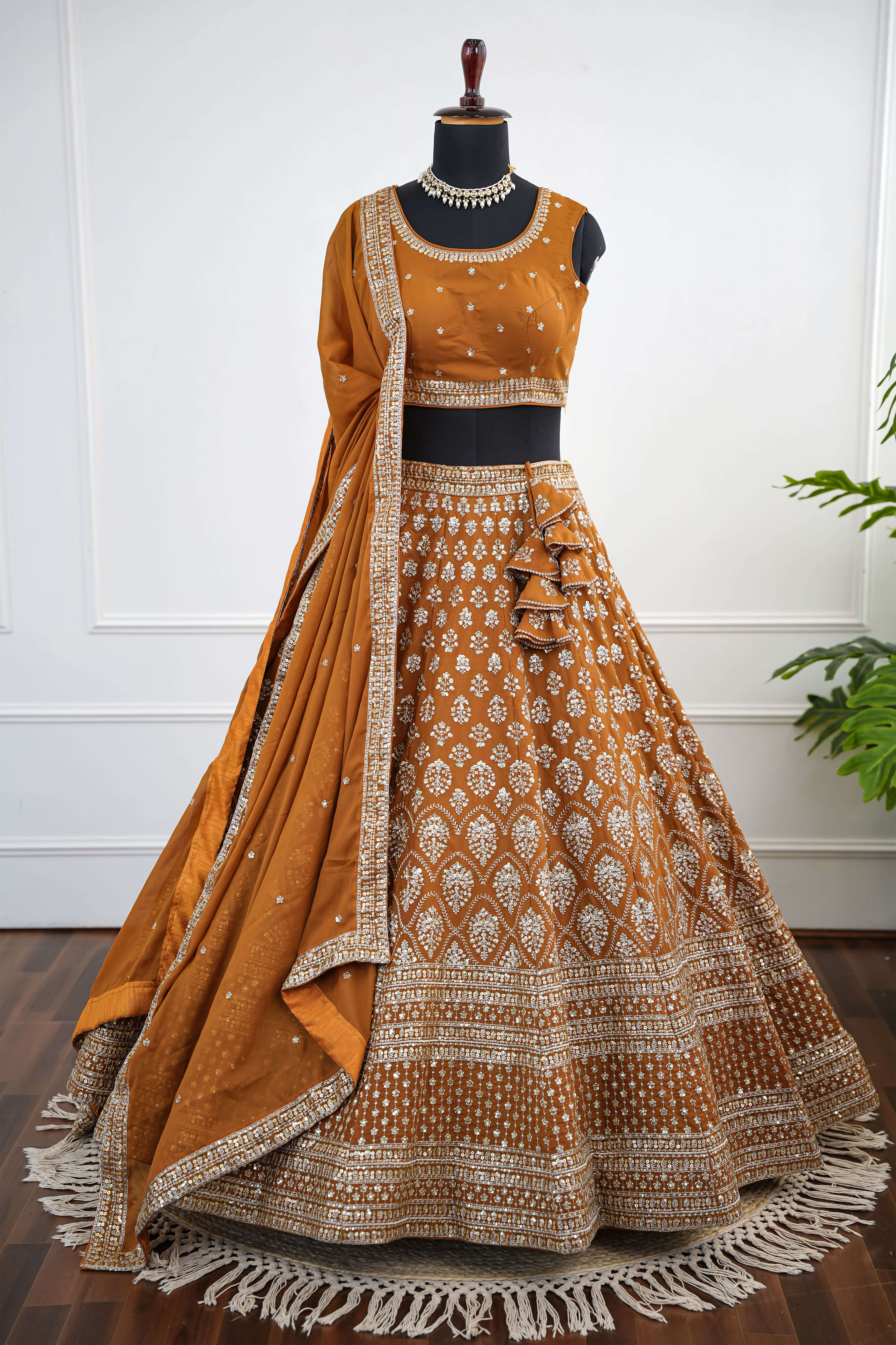 Majestic Mustard Orange Sequence Work Lehenga Set