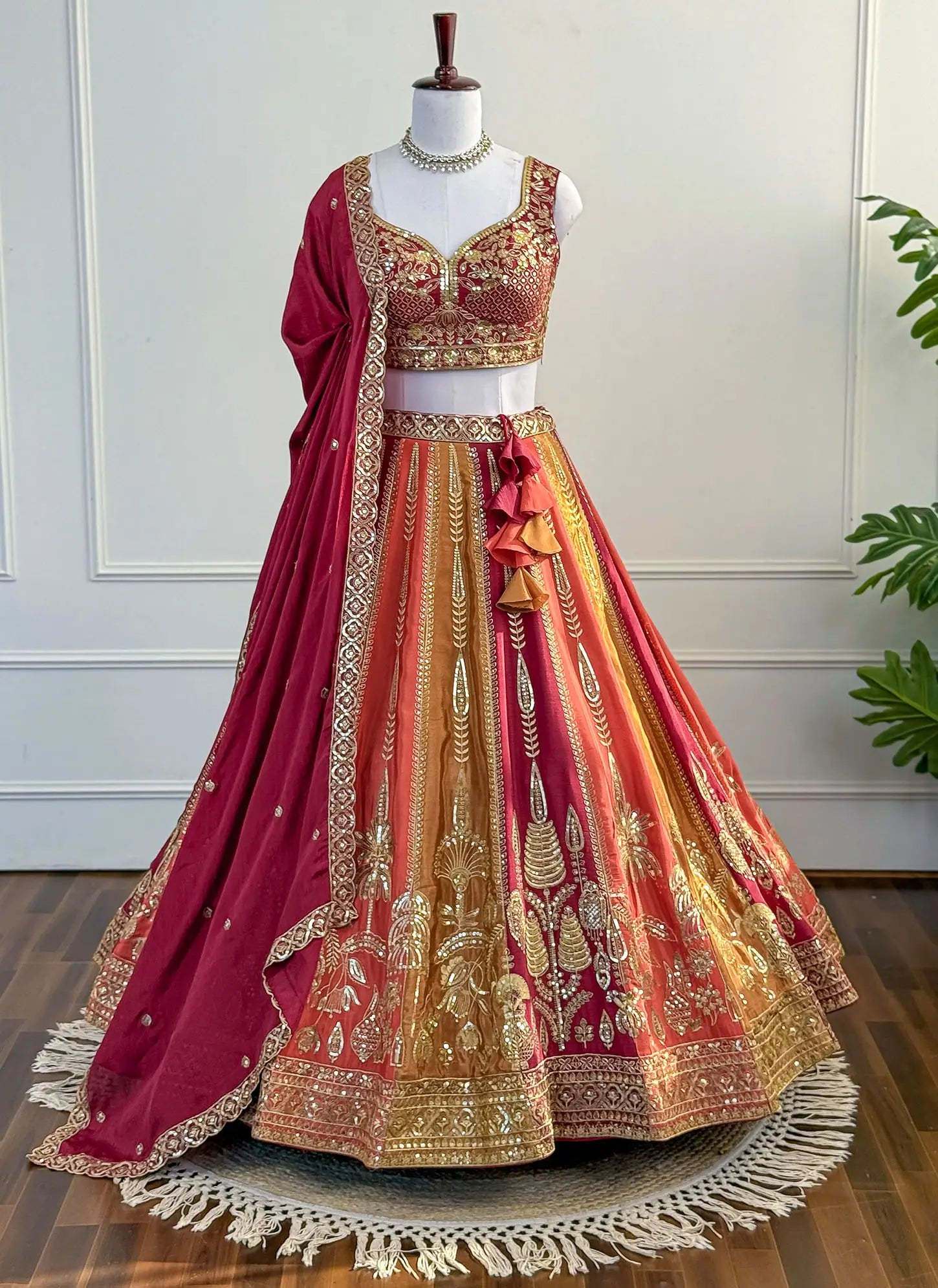 Orange & yellow Embroidered Lehenga Set with Zari Work