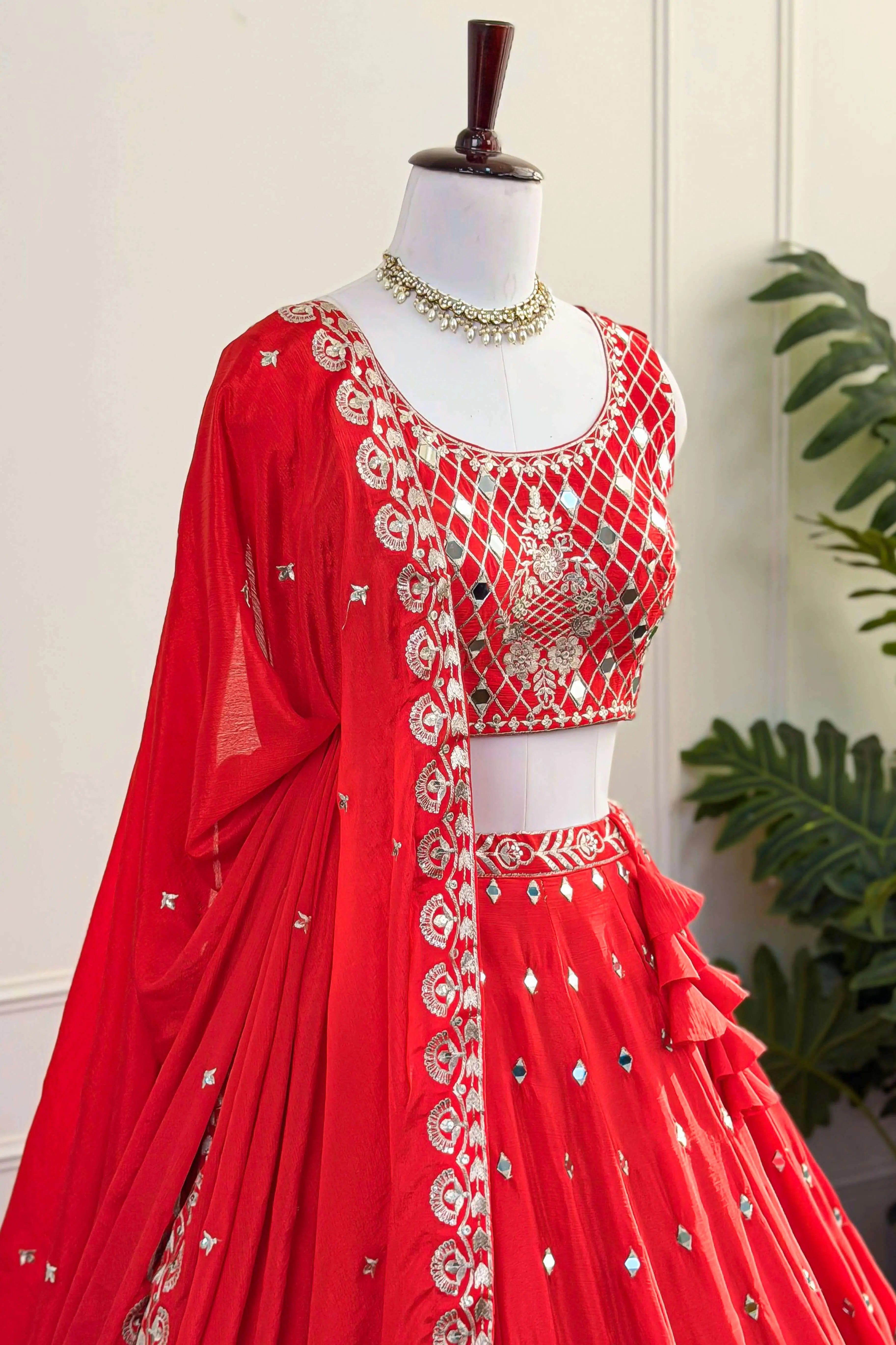 Red Mirror Work Lehenga with Embroidered Blouse