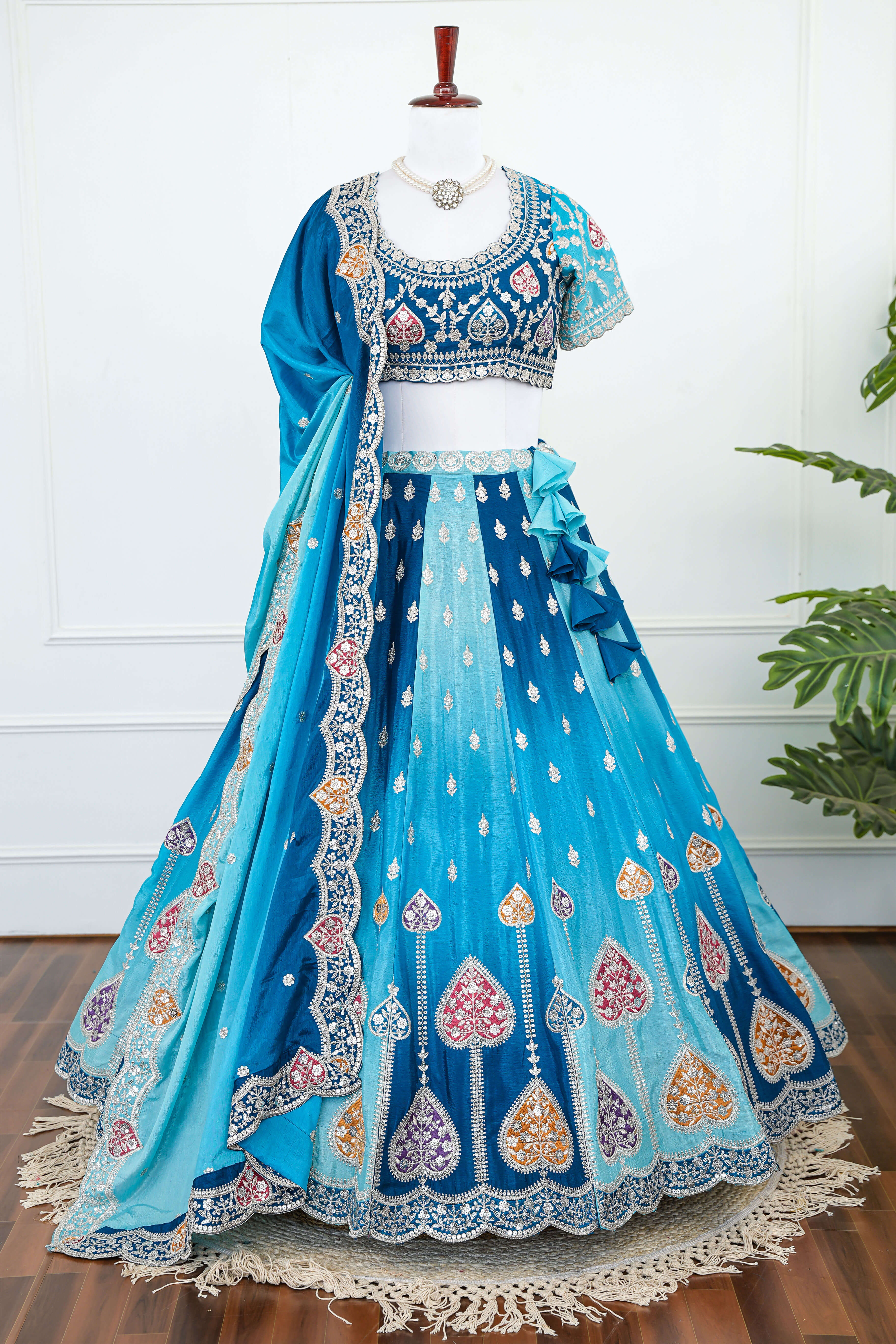 Blue Ombré Heart Motif Embroidered Lehenga Set