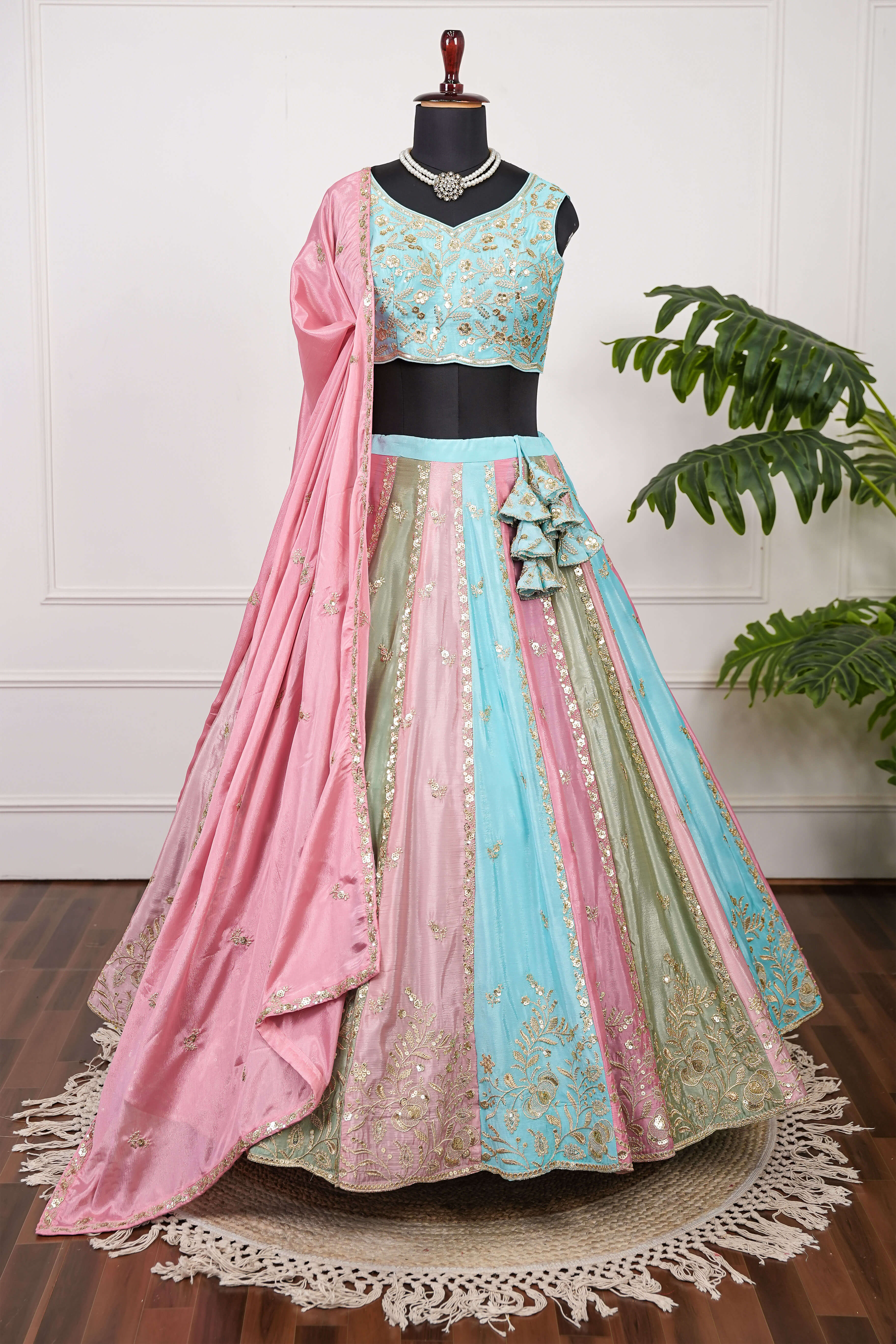 Pastel Blue & Pink Multi-Panel Embroidered Lehenga Set