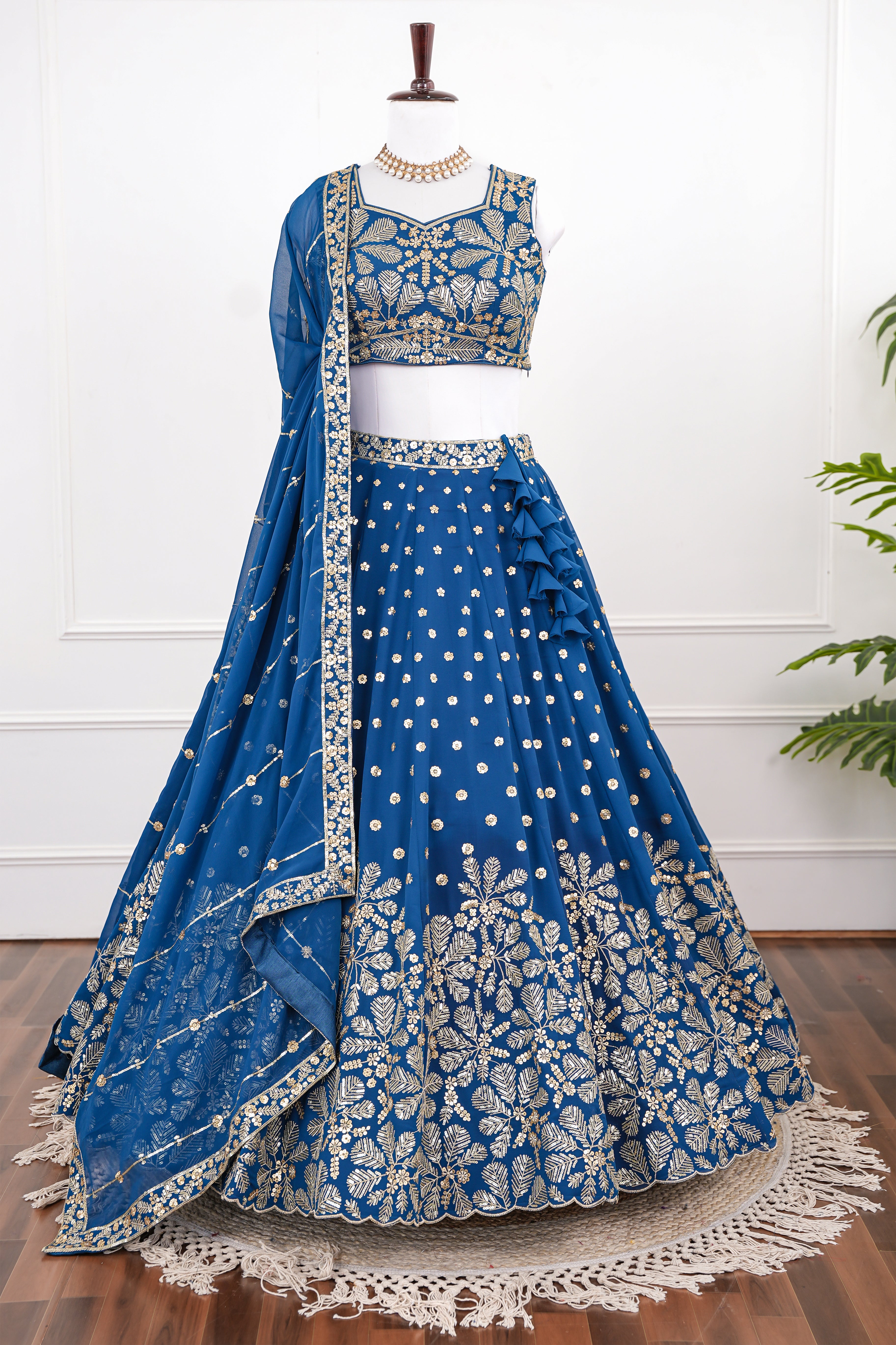 Royal Blue Embroidered Lehenga with Golden Detailing