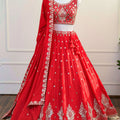 Red Mirror Work Lehenga with Embroidered Blouse