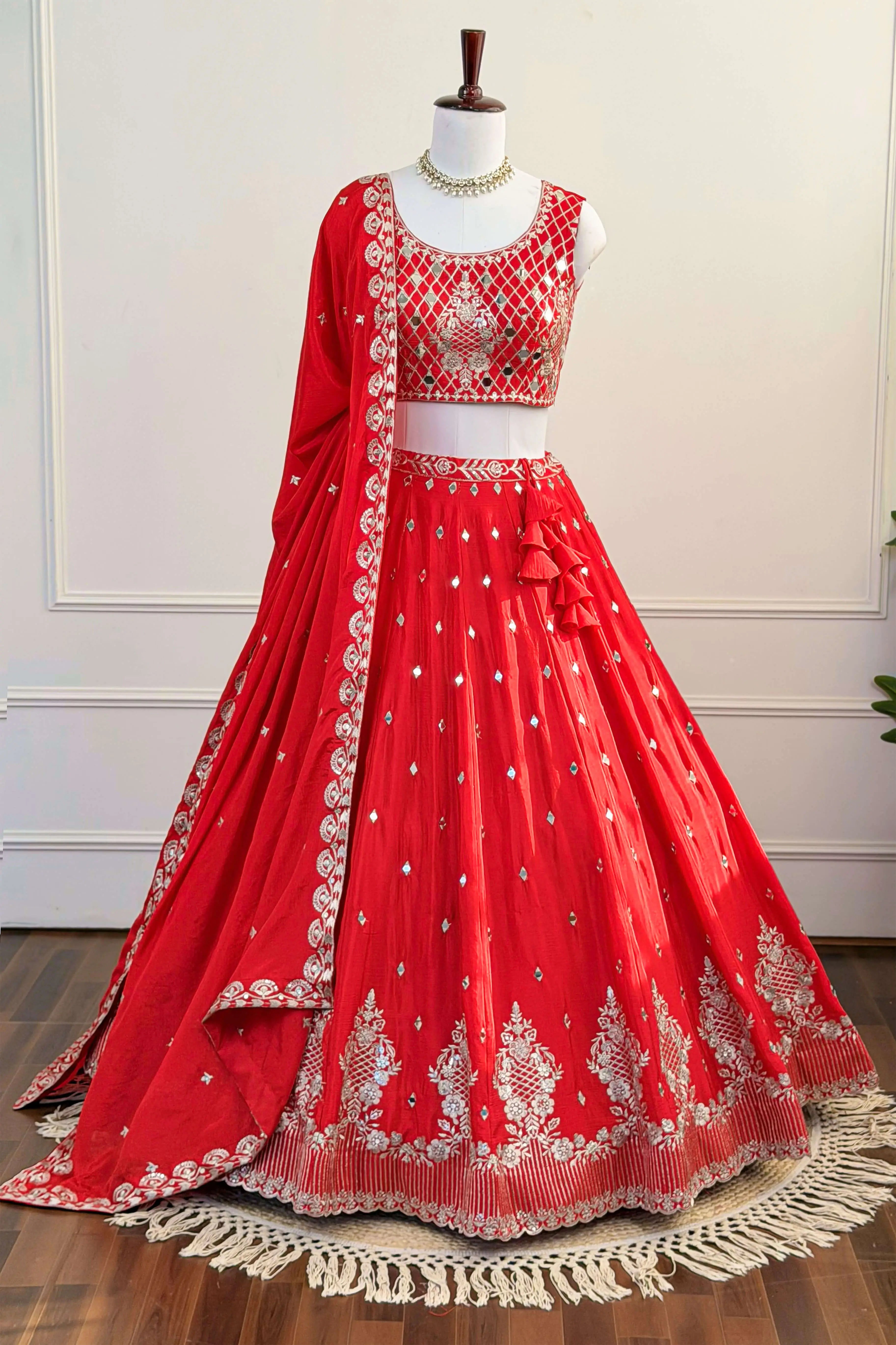 Red Mirror Work Lehenga with Embroidered Blouse