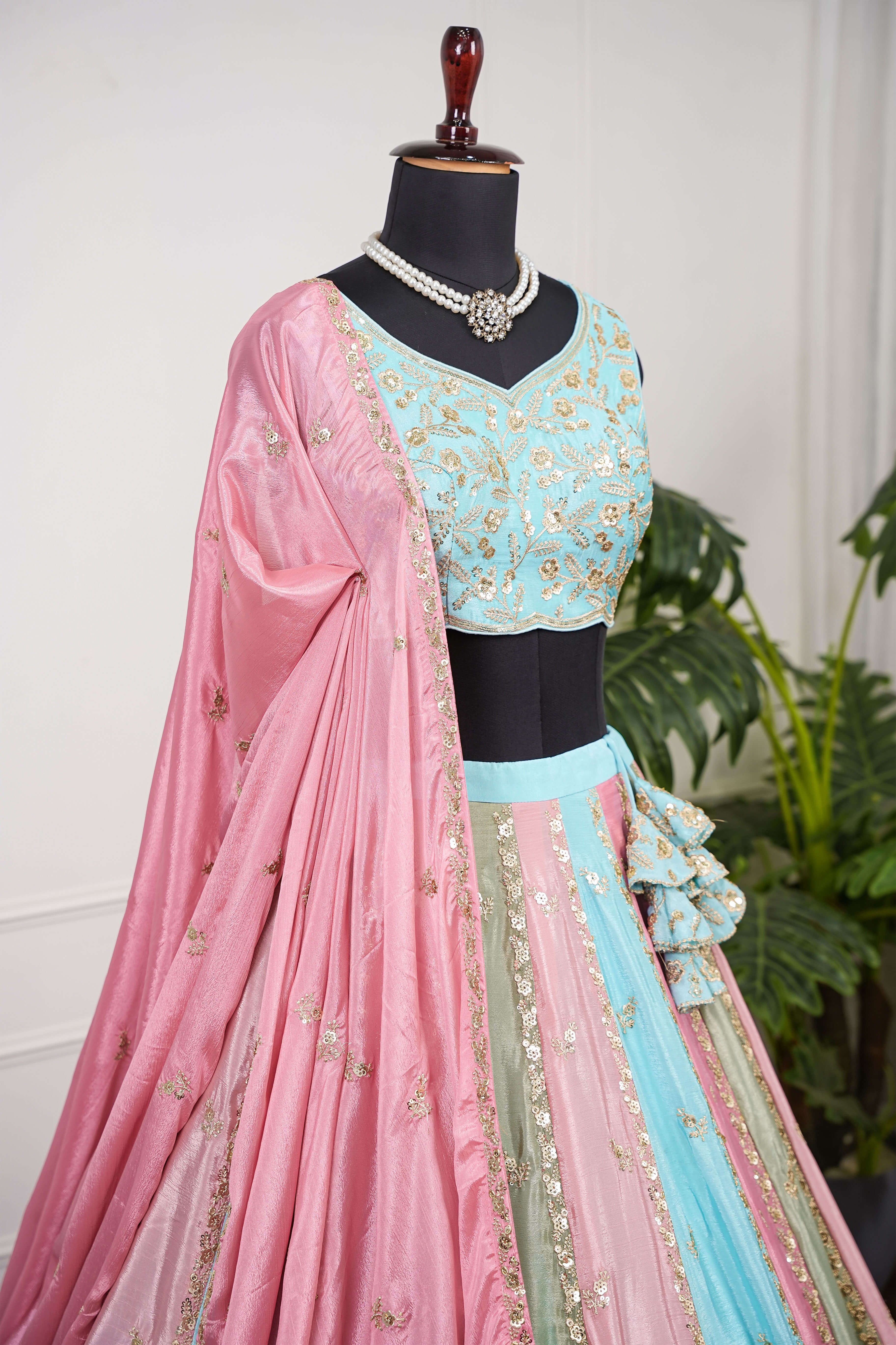 Pastel Blue & Pink Multi-Panel Embroidered Lehenga Set