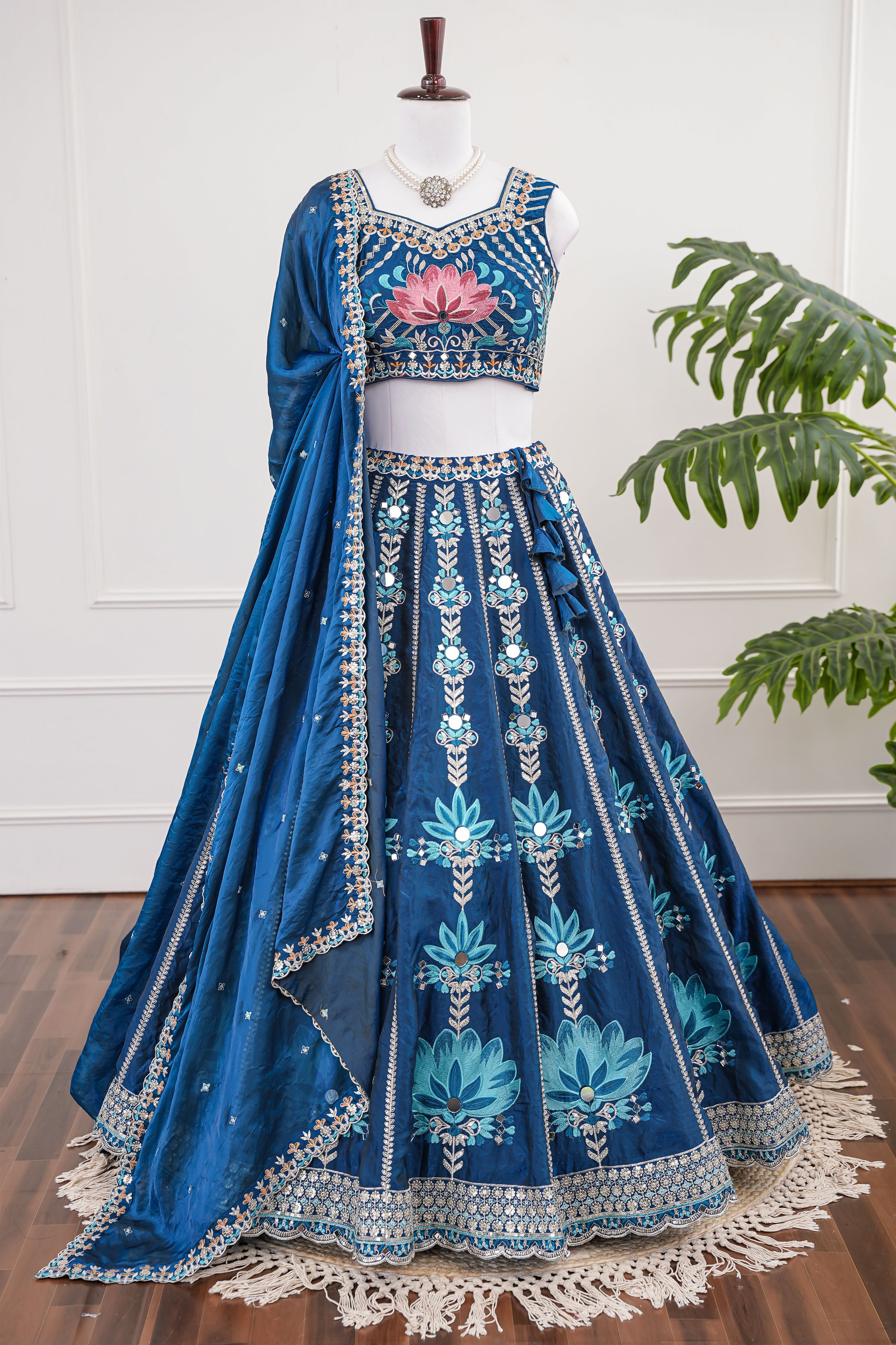 Blue Embroidered Lehenga with Mirror Work