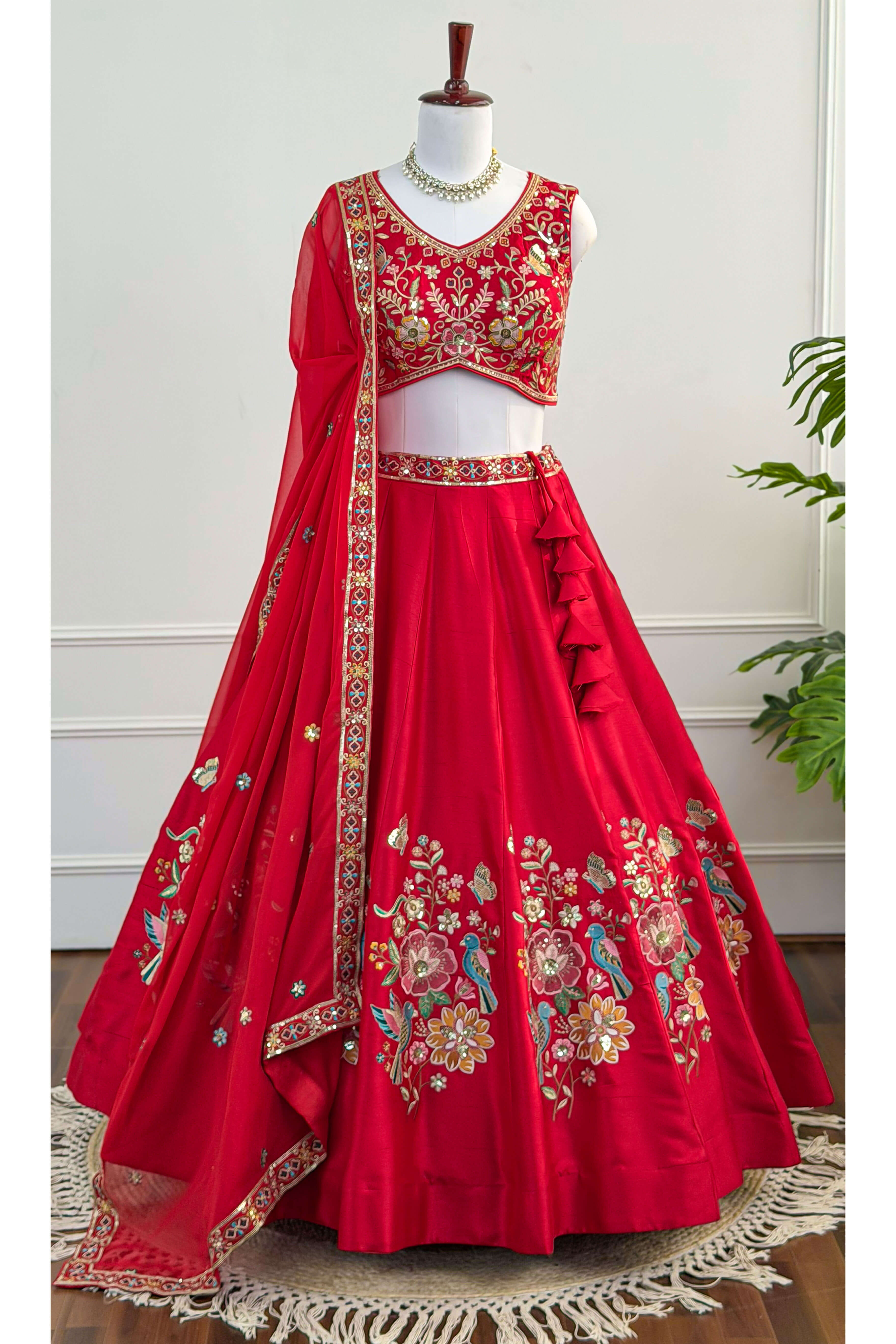 Radiant Red Floral Embroidered Lehenga Set
