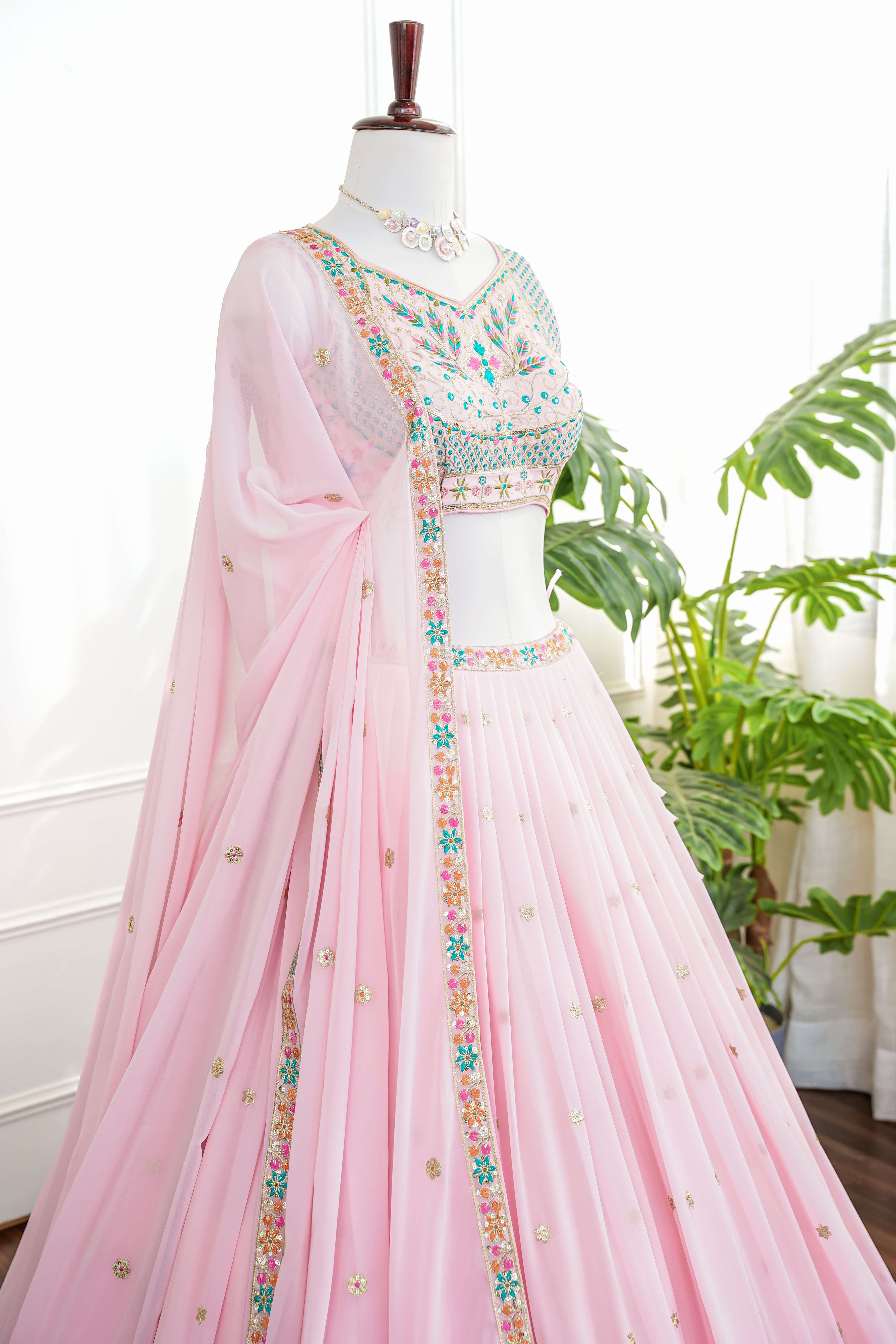 Pastel Pink Floral Embroidered Lehenga Set