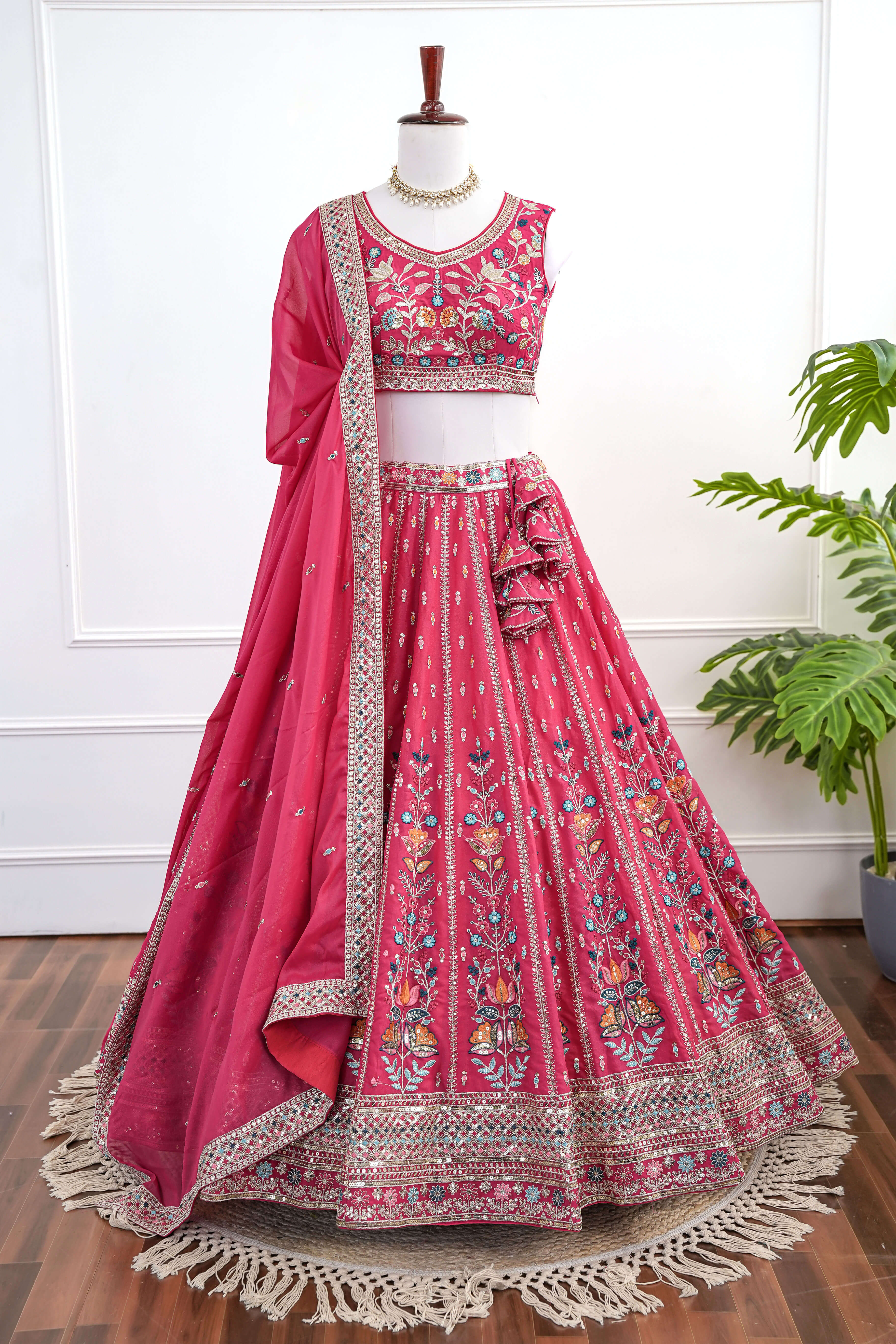 Rani Pink Embroidered Floral Lehenga Set