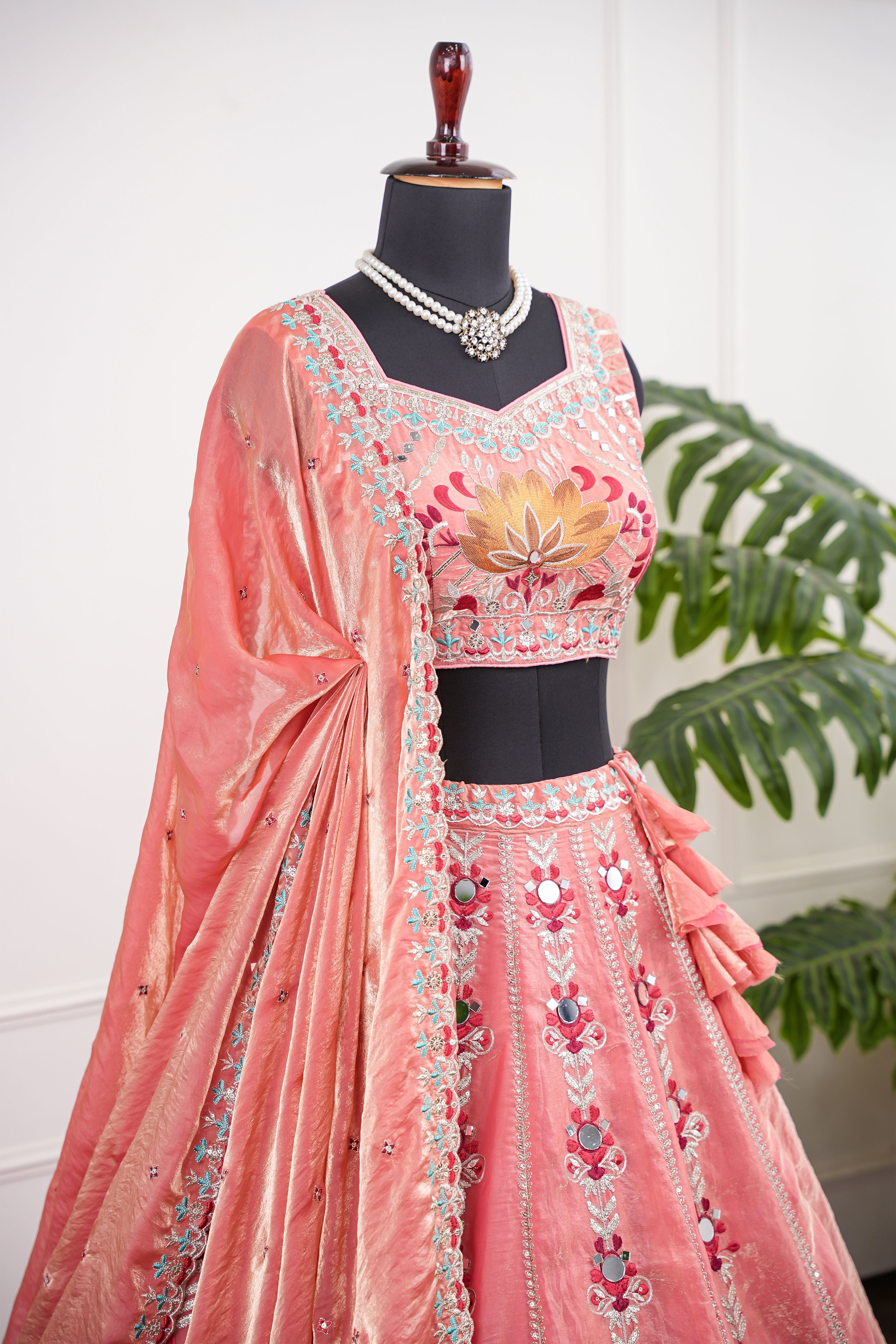 Peach Pink Embroidered Lehenga with Mirror Work