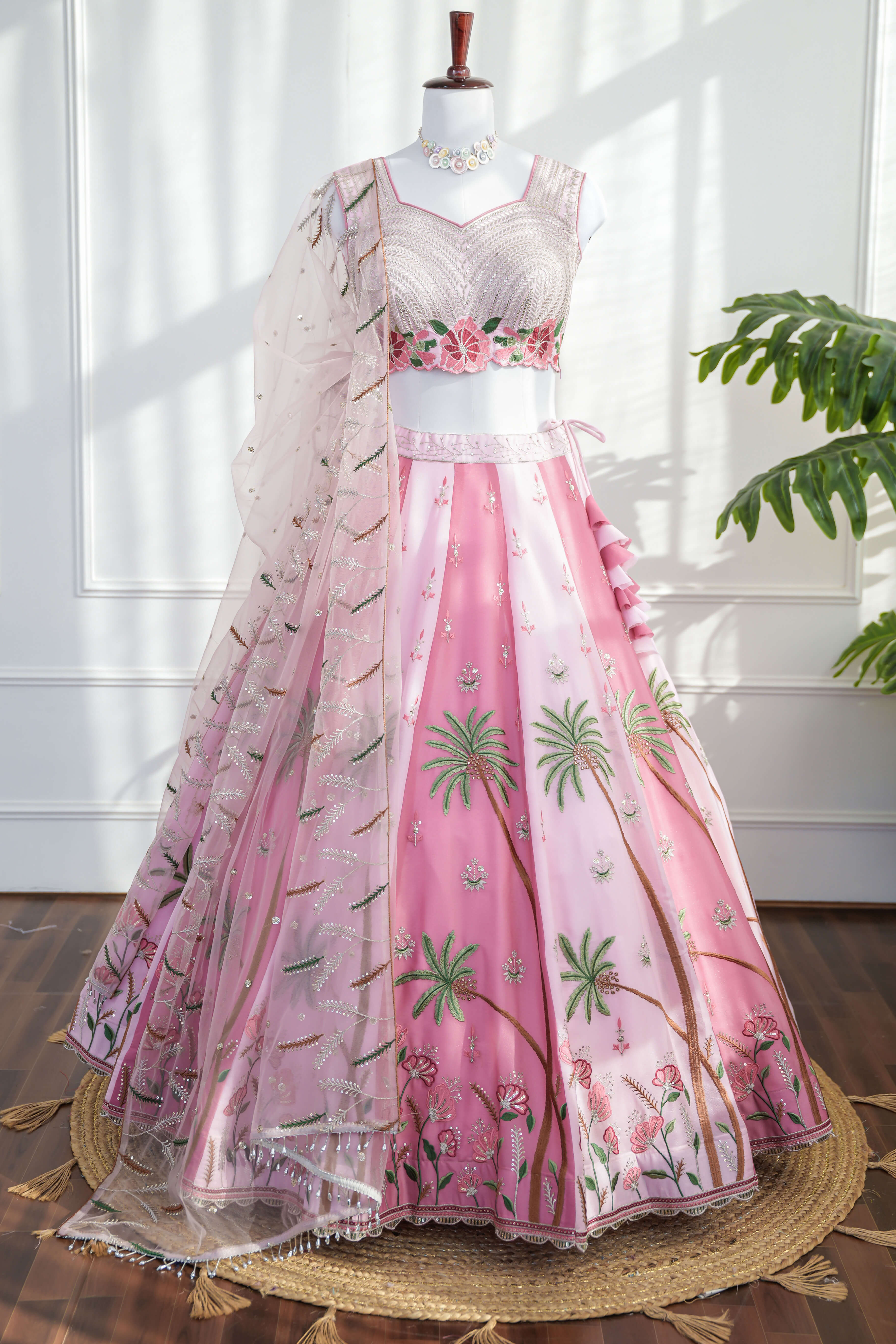 Pink Tropical Embroidered Lehenga Set