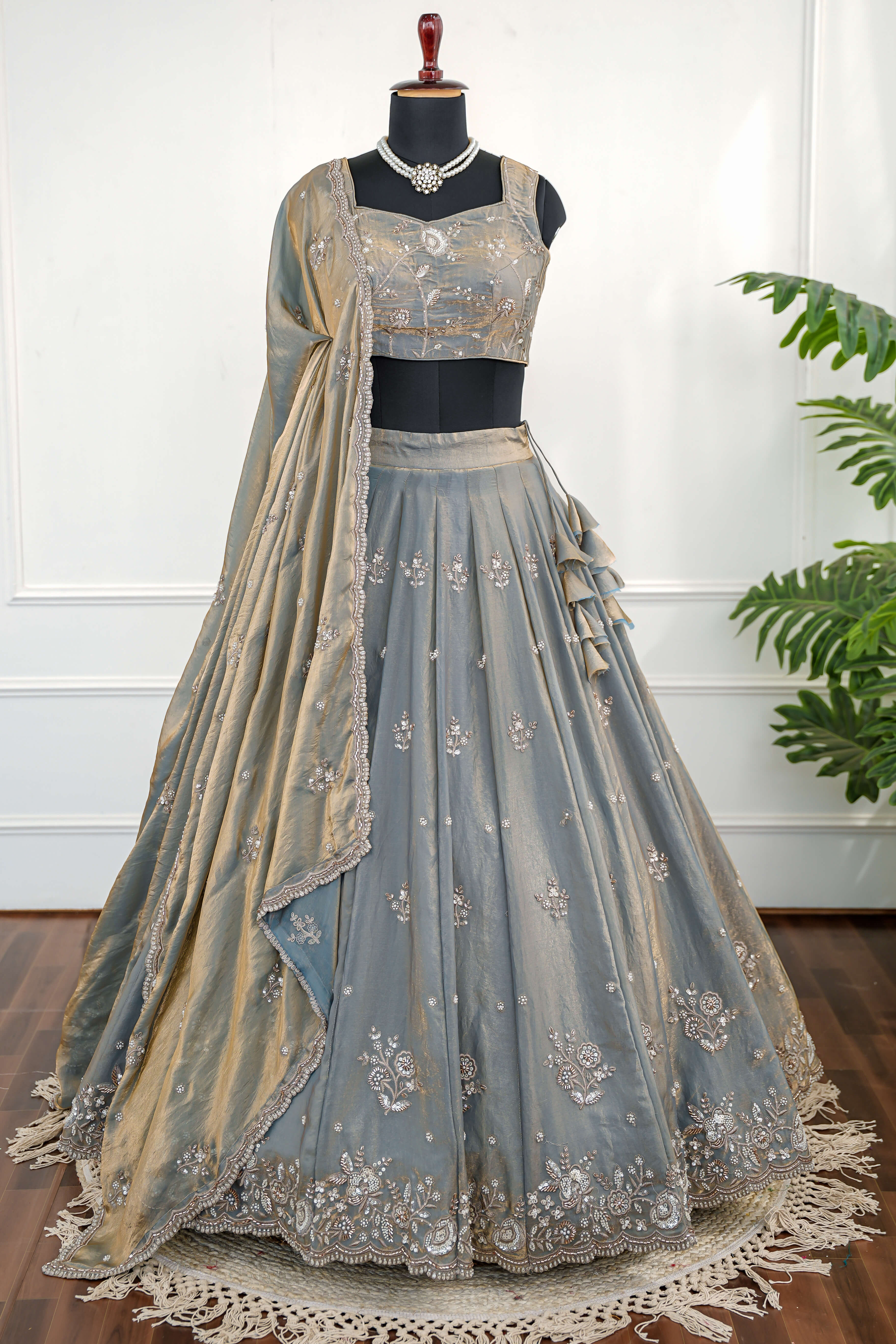 Smoky Grey Embroidered Lehenga Set