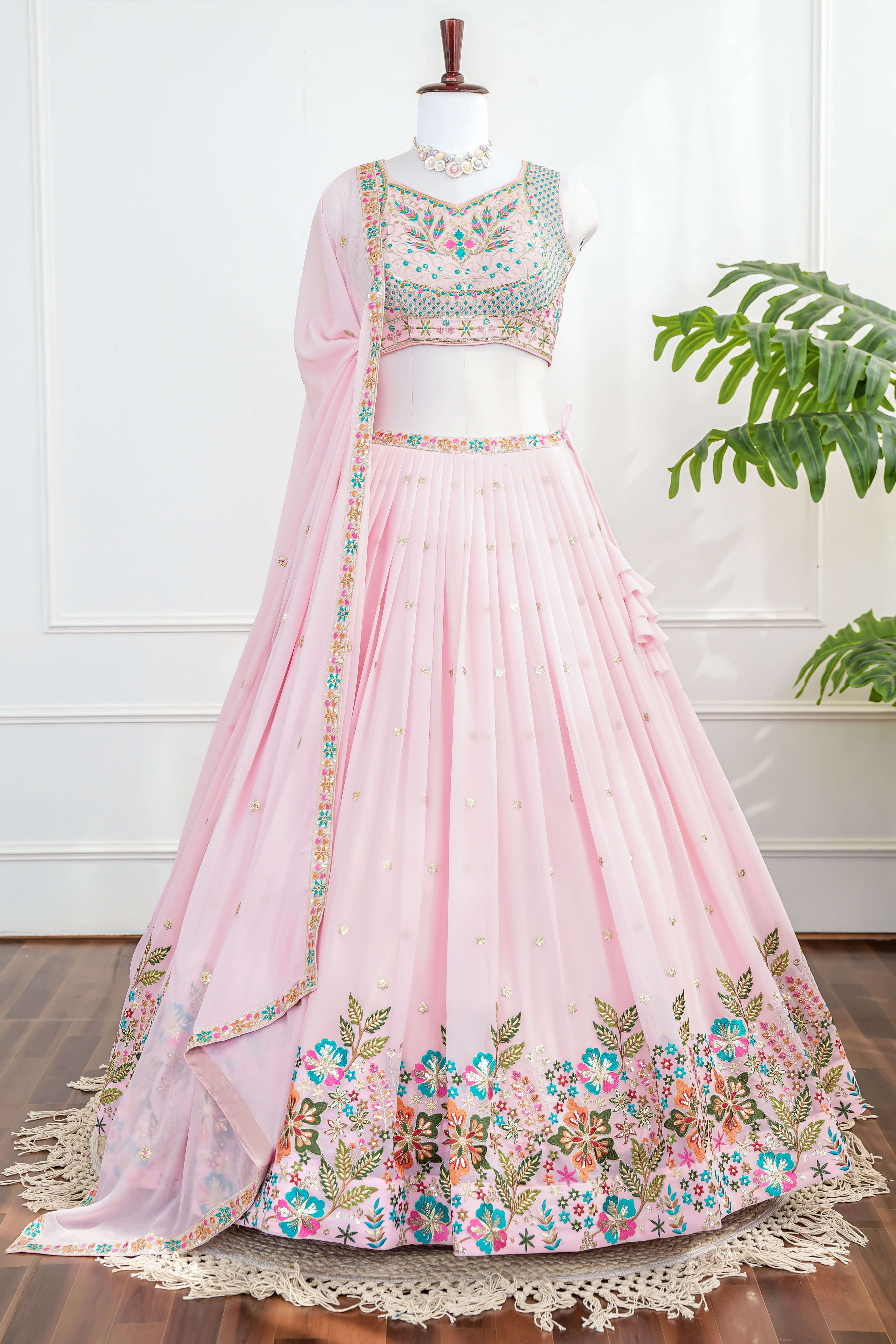 Pastel Pink Floral Embroidered Lehenga Set
