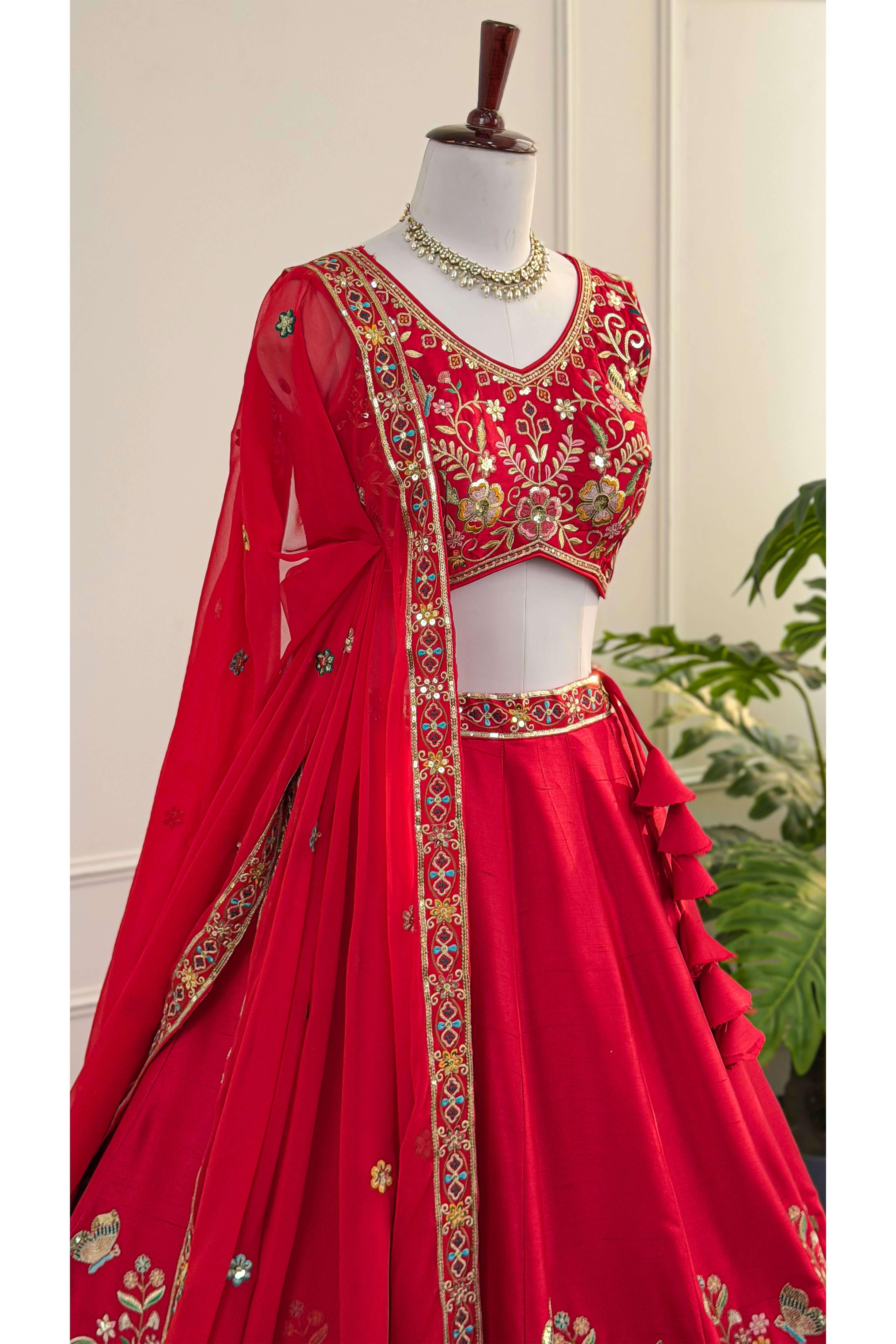 Radiant Red Floral Embroidered Lehenga Set