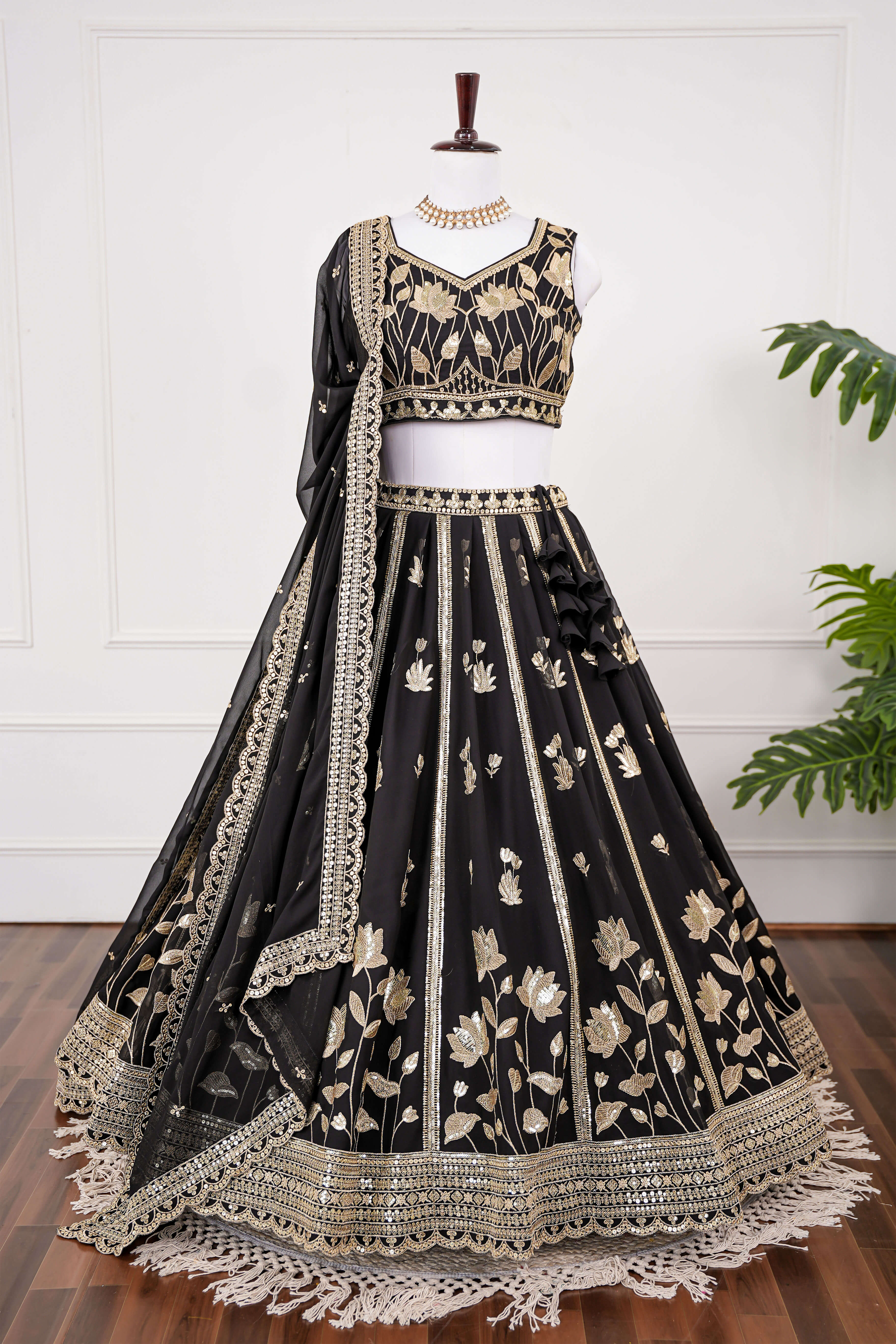 Black and Gold Floral Embroidered Lehenga Set