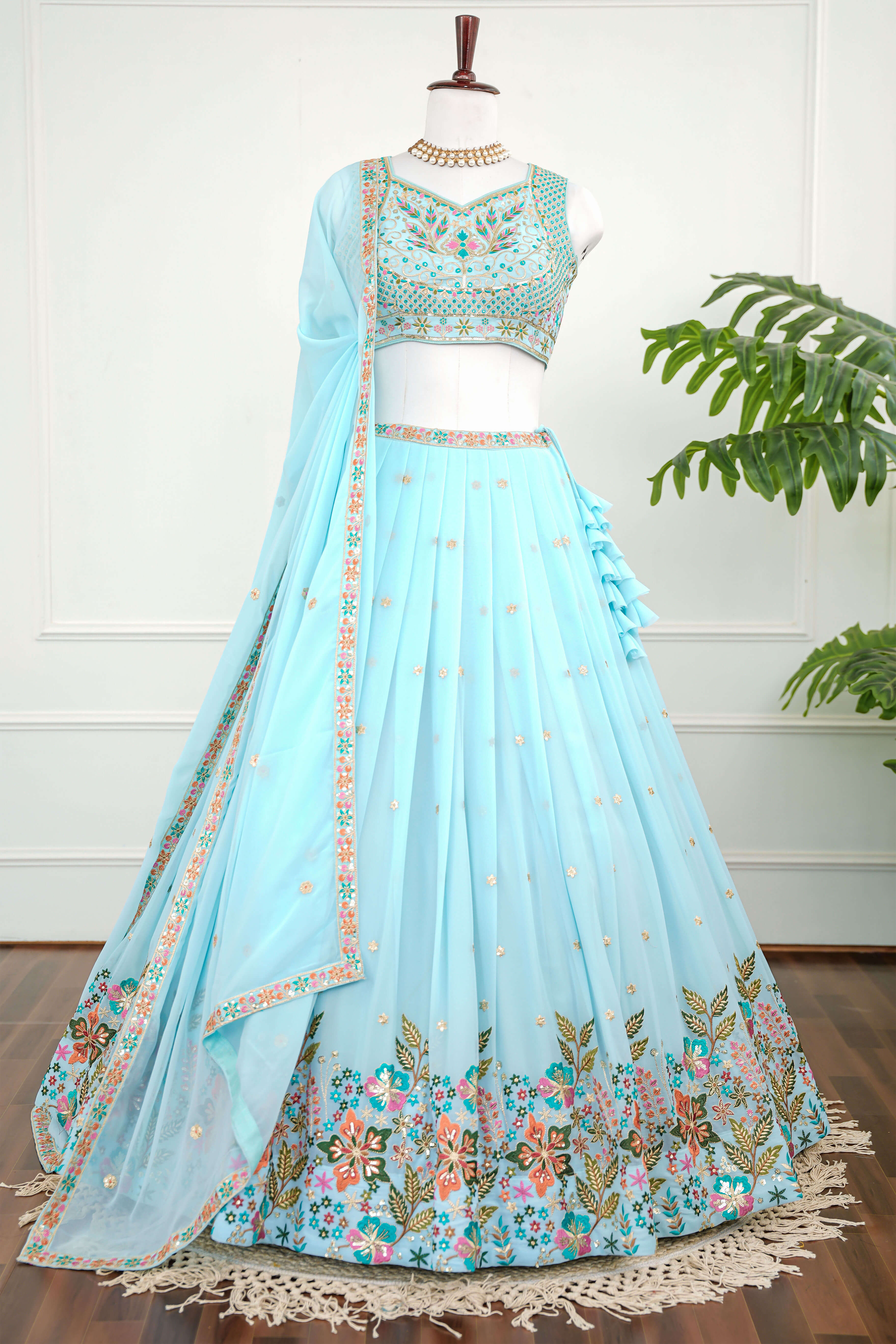 Sky Blue Floral Embroidered Lehenga Set