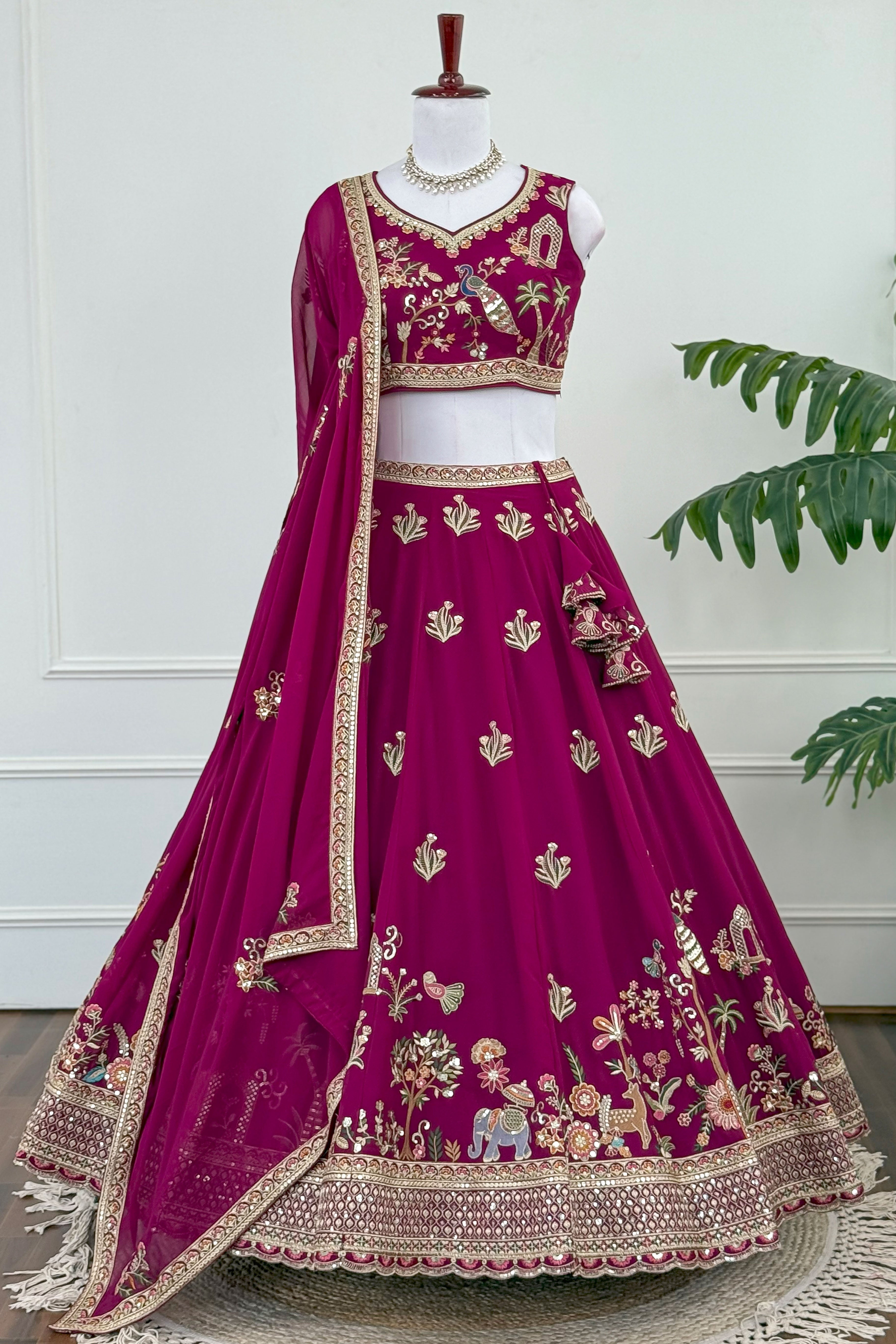 Magenta Embroidered Lehenga with Peacock & Elephant Motifs