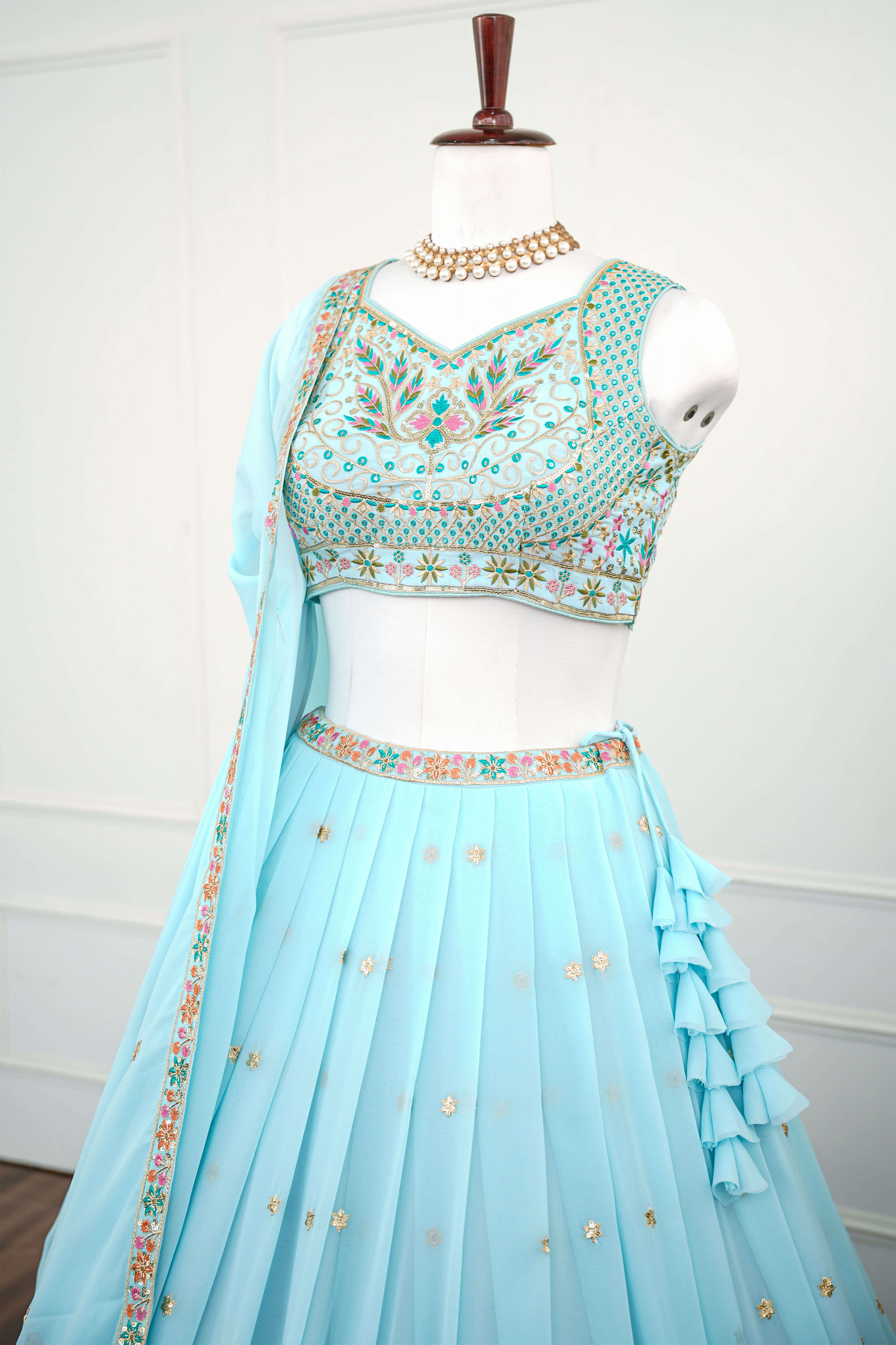 Sky Blue Floral Embroidered Lehenga Set