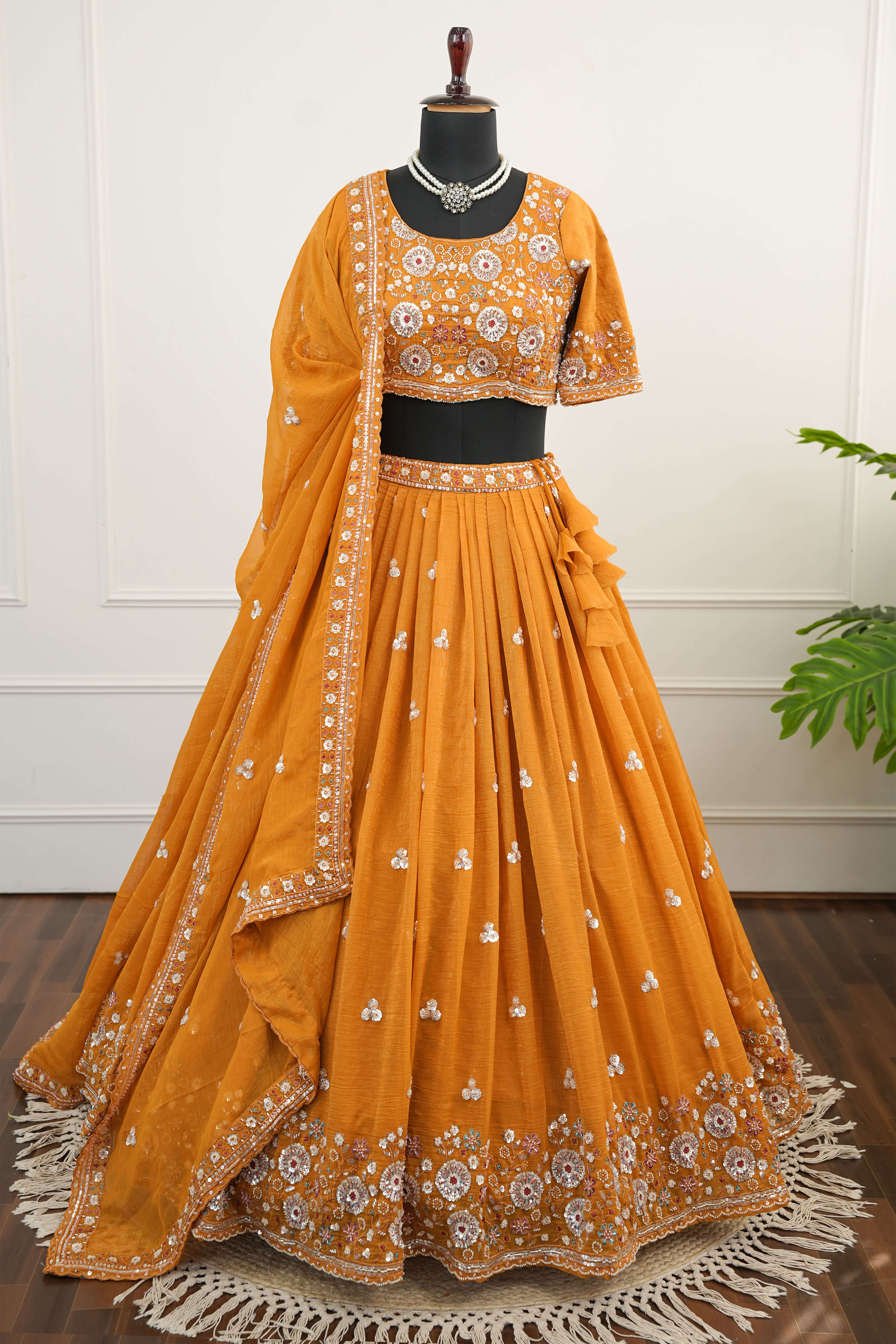 Majestic Mustard Orange Sequence and beads work Lehenga Set