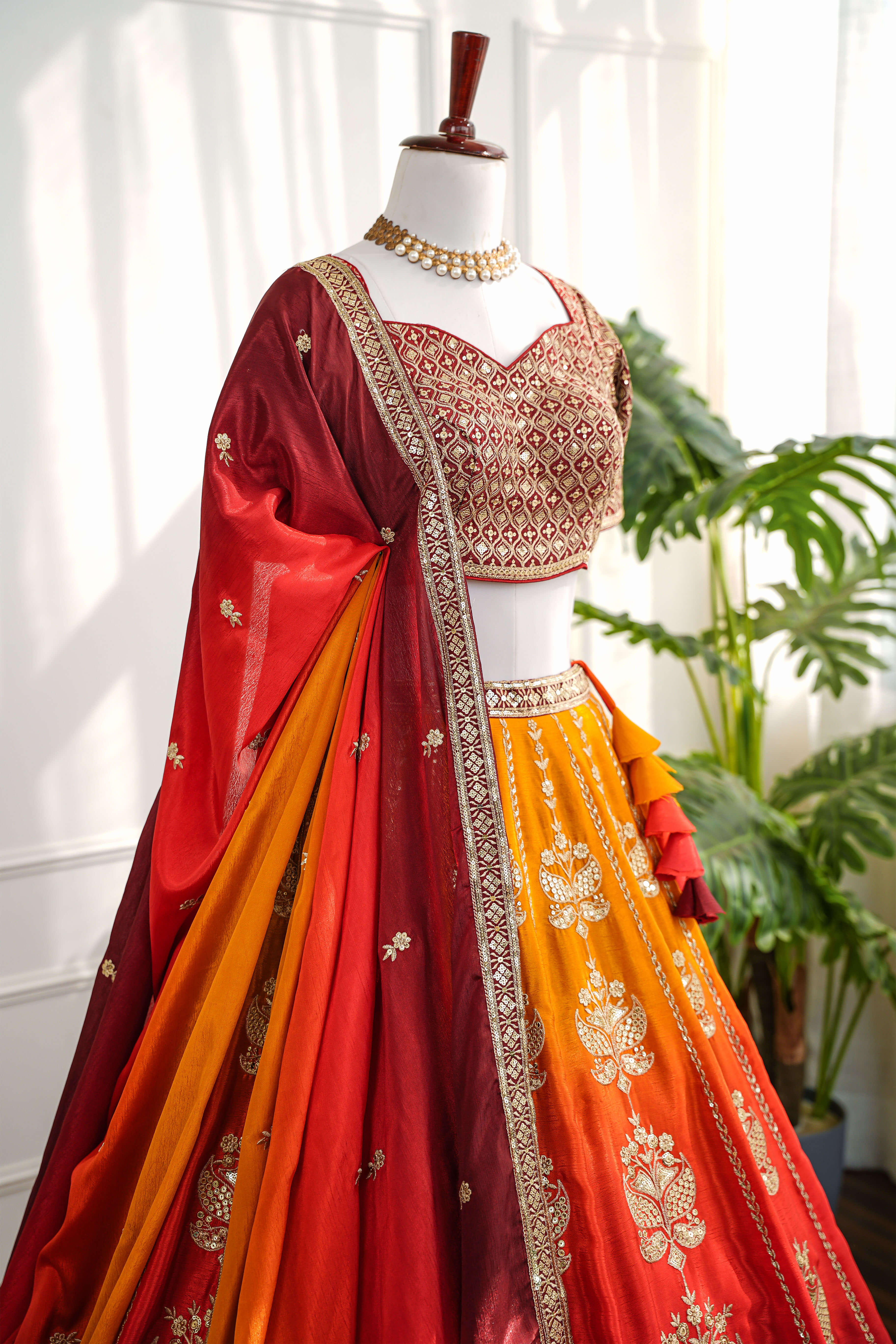 Red & Mustard Ombré Banarasi Embroidery Lehenga Set
