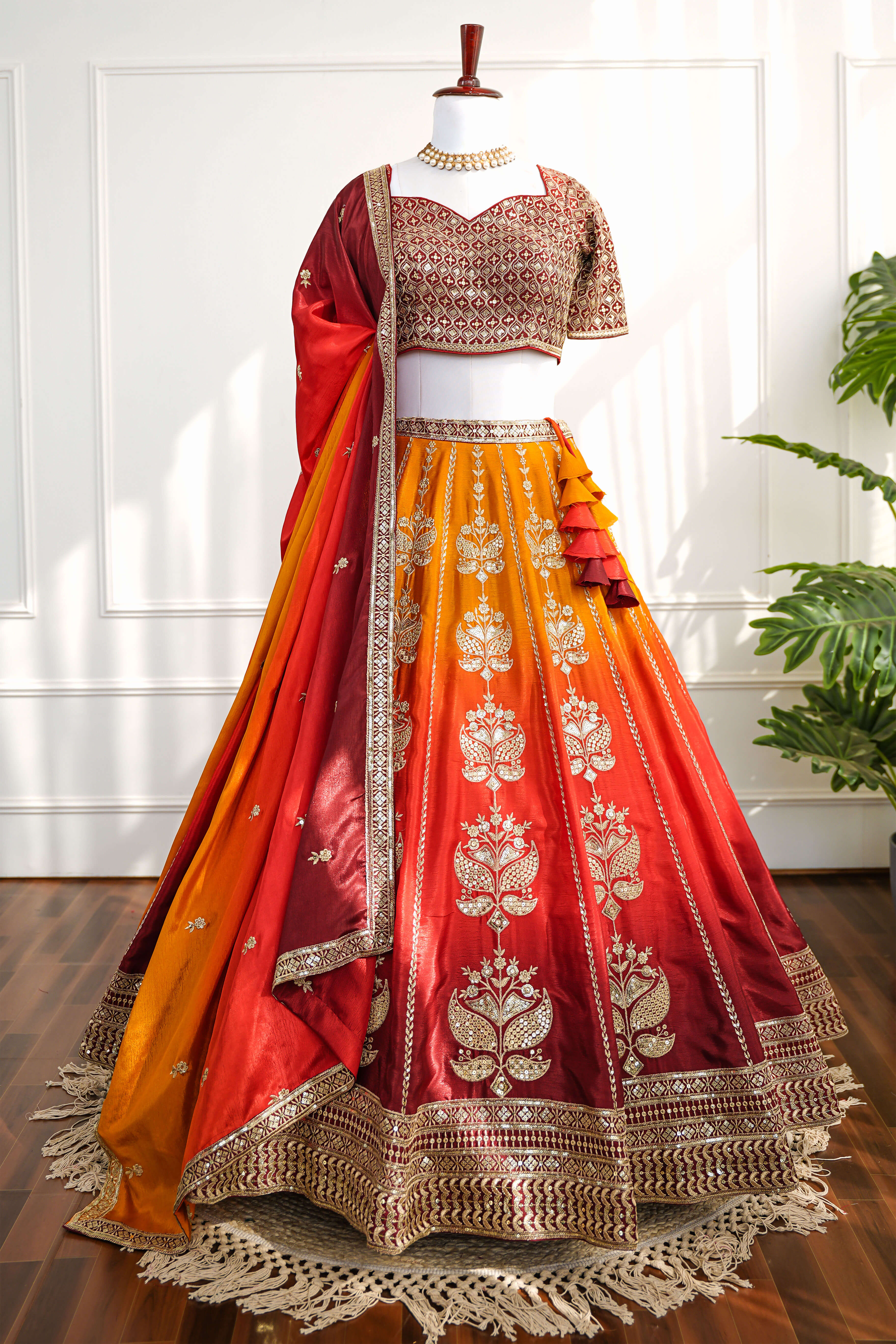 Red & Mustard Ombré Banarasi Embroidery Lehenga Set